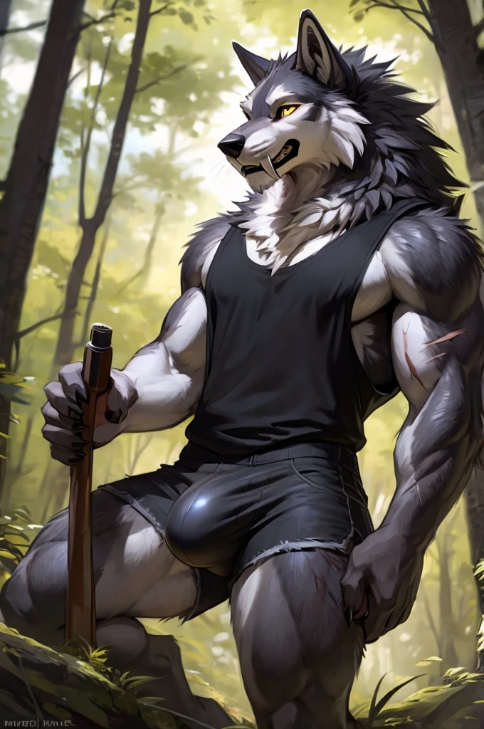 close up, furry, anthro, giant werewolf,wolf ears,wolf tail, dark grey and white fur, messy fur, neck floof, yellow glowing eyes, razor sharp teeth, sabertooth, long sabertooth, muscular body, handsome, monstrous, posing in a forest, daytime, alone, wearing a white baggy tank top, black denim shorts, giant bulge, body covered in scars, pawpads, black pawpads, best quality, 4K, UHD, masterpiece,