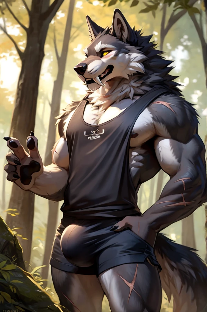 close up, furry, anthro, giant werewolf,wolf ears,wolf tail, dark grey and white fur, messy fur, neck floof, yellow glowing eyes, razor sharp teeth, sabertooth, long sabertooth, muscular body, handsome, monstrous, posing in a forest, daytime, alone, wearing a white baggy tank top, black denim shorts, giant bulge, body covered in scars, pawpads, black pawpads, best quality, 4K, UHD, masterpiece,