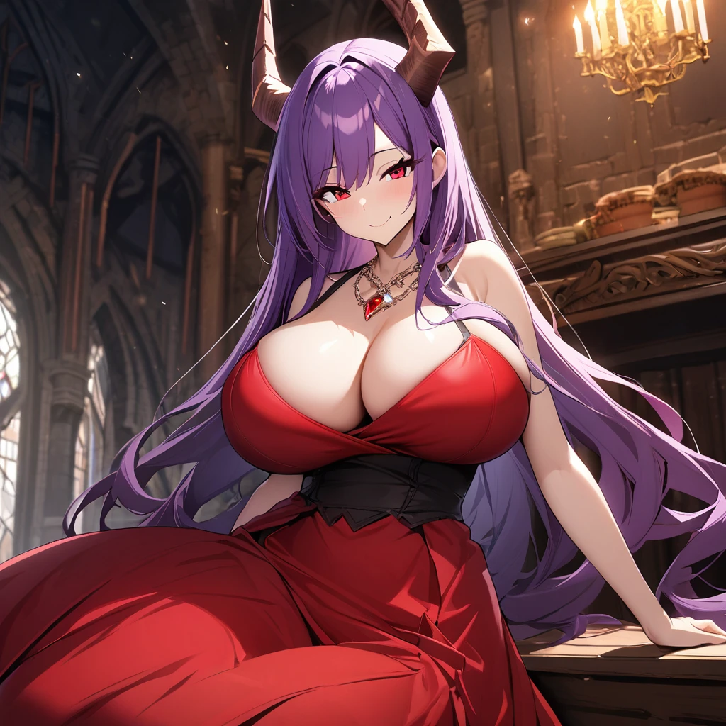 1girl,solo,purple hair color,long hair,dragon's horn, red eyes,red gorgeous dress,Gorgeous necklace,super huge ,slender,condescending look,smile,near,castle,in gorgeous room