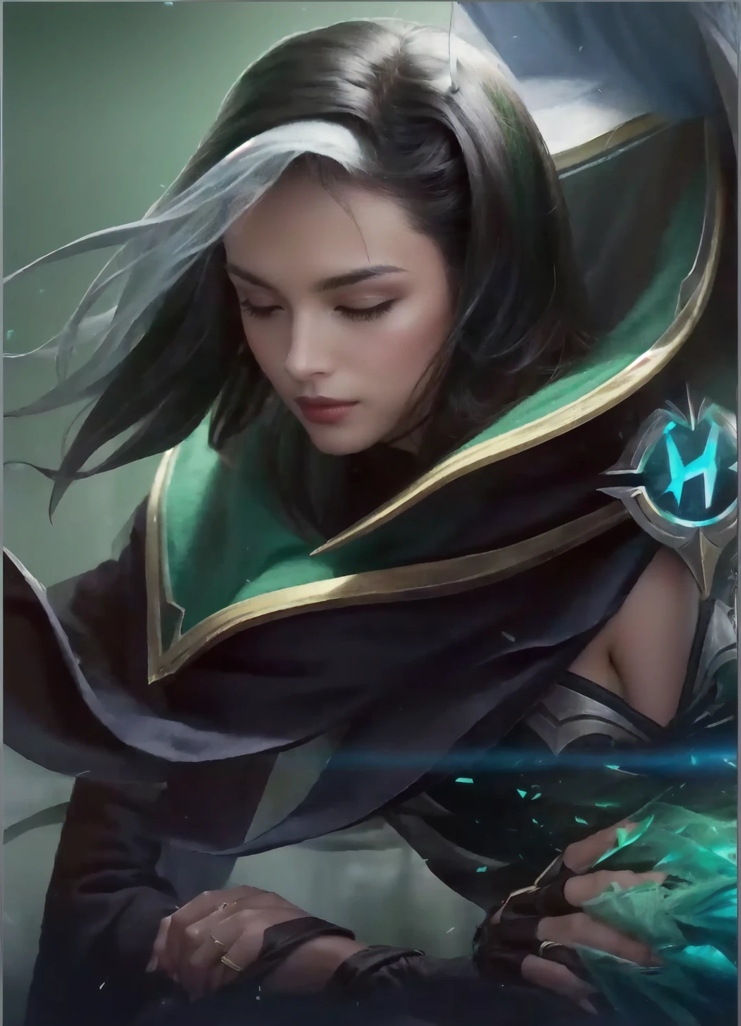 a close up of a woman with a green cape and a black cloak