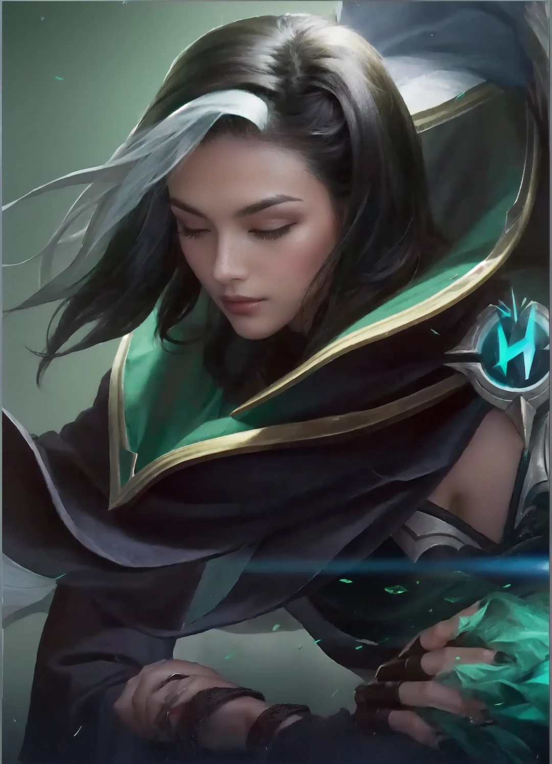 a close up of a woman with a green cape and a black cloak