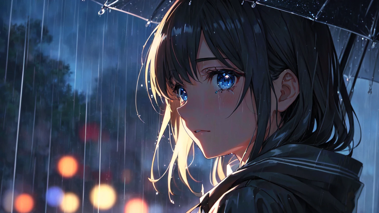 Anime girl with long hair and blue eyes standing in the rain, Anime Style 4k, 4k anime wallpaper, anime wallpaper 4k, anime wallpaper 4k, anime art wallpaper 4k, anime art wallpaper 4k, 4K Manga Wallpapers, Anime Art Wallpapers 8K, Tears in the Rain, it&#39;s raining, After the rain and the girl is gone, late night it&#39;s raining、The camera angle does not change、Smooth rain effect、Do not edit the person、Facial expressions are not edited、Don&#39;t move your face