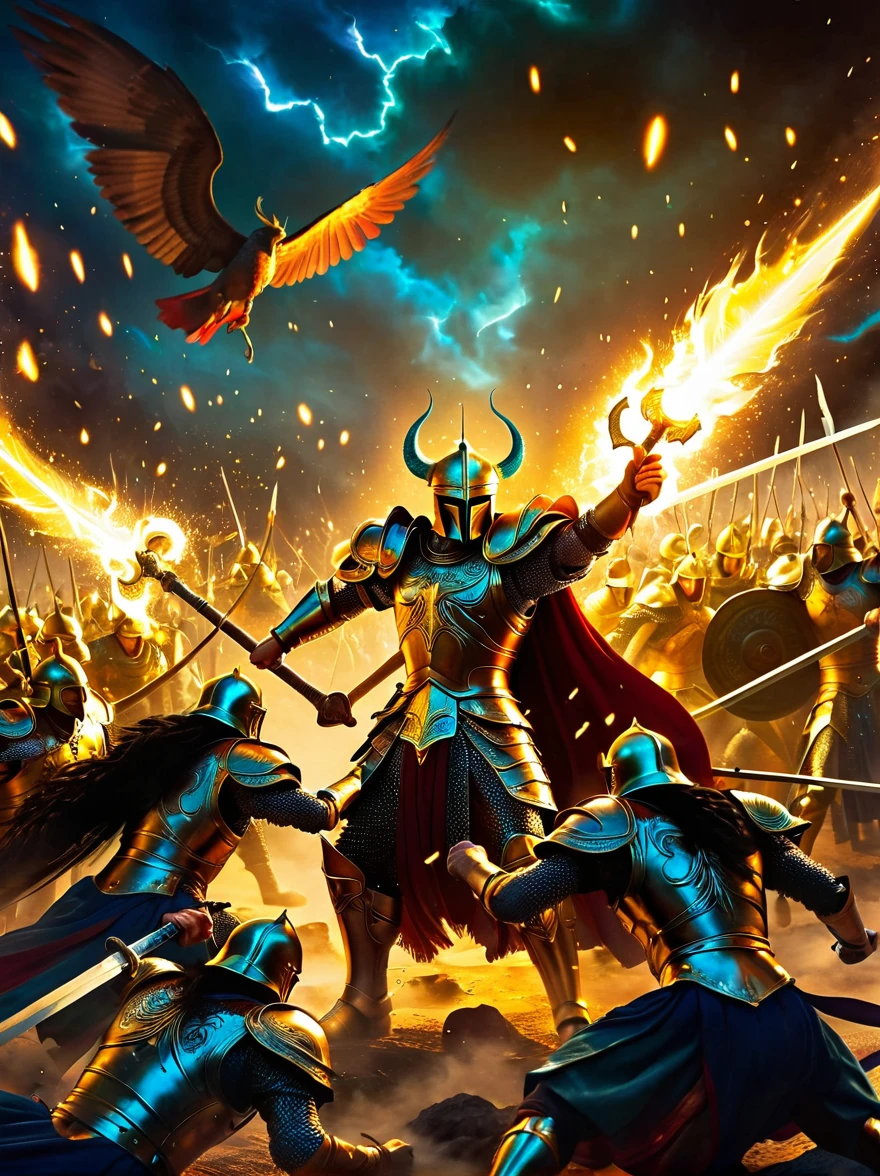 A dramatic scenario depicting a mighty heavenly battle. The scene is filled with warriors donning shining celestial armor, each with unique adornments that gleam with divine aura. They are caught in a historic clash with the malevolent forces of darkness. The intense combat is frozen in time as though captured by a high-speed camera. High contrast lighting casts stark shadows and highlights across the battlefield, while vibrant colors breathe life into the epic confrontation. The warriors are in dynamic poses, their expressions exuding determination and unwavering courage. This is a manifestation of epic and timeless fantasy