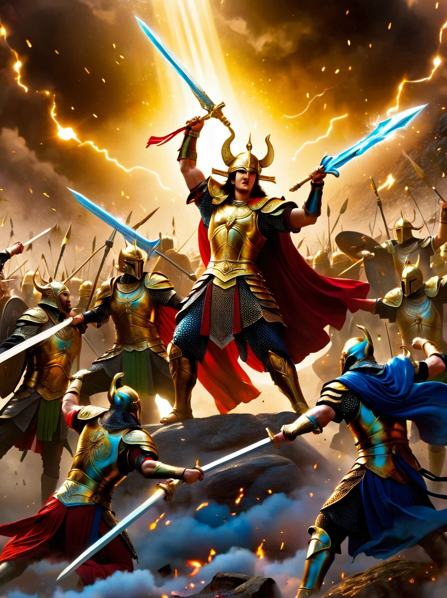 A dramatic scenario depicting a mighty heavenly battle. The scene is filled with warriors donning shining celestial armor, each with unique adornments that gleam with divine aura. They are caught in a historic clash with the malevolent forces of darkness. The intense combat is frozen in time as though captured by a high-speed camera. High contrast lighting casts stark shadows and highlights across the battlefield, while vibrant colors breathe life into the epic confrontation. The warriors are in dynamic poses, their expressions exuding determination and unwavering courage. This is a manifestation of epic and timeless fantasy
