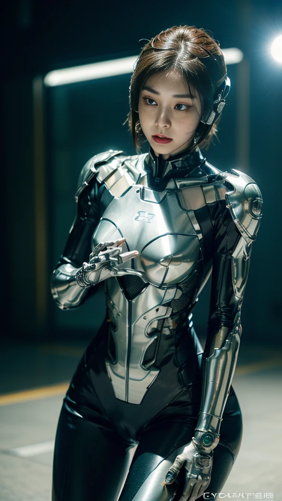 (((A woman with a mechanized body))), dynamic podium: 1.3), (realistic:1.5), (realistic:1.4), 8k, Super detailed beautiful girl, 1 girl, (a sunny day:1.5), intricate body details, (short: 1.3), (highest quality: 1.0), (Super high sharpness: 1.0), (thin hair:1.4),（Beautiful and delicate depiction of eyes）,((((ride a motorcycle)))),unreal engine:1.4,photorealistic:1.4, skin texture:1.4, masterpiece:1.8,highest quality at best,(Wearing the communication headset、future city、((cybernetics))、green、Metal fingers、long limbs、((gear in joint))