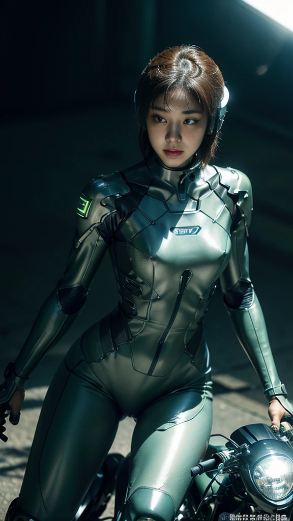 (((A woman with a mechanized body))), dynamic podium: 1.3), (realistic:1.5), (realistic:1.4), 8k, Super detailed beautiful girl, 1 girl, (a sunny day:1.5), intricate body details, (short: 1.3), (highest quality: 1.0), (Super high sharpness: 1.0), (thin hair:1.4),（Beautiful and delicate depiction of eyes）,((((ride a motorcycle)))),unreal engine:1.4,photorealistic:1.4, skin texture:1.4, masterpiece:1.8,highest quality at best,(Wearing the communication headset、future city、((cybernetics))、green、Metal fingers、long limbs、((gear in joint))