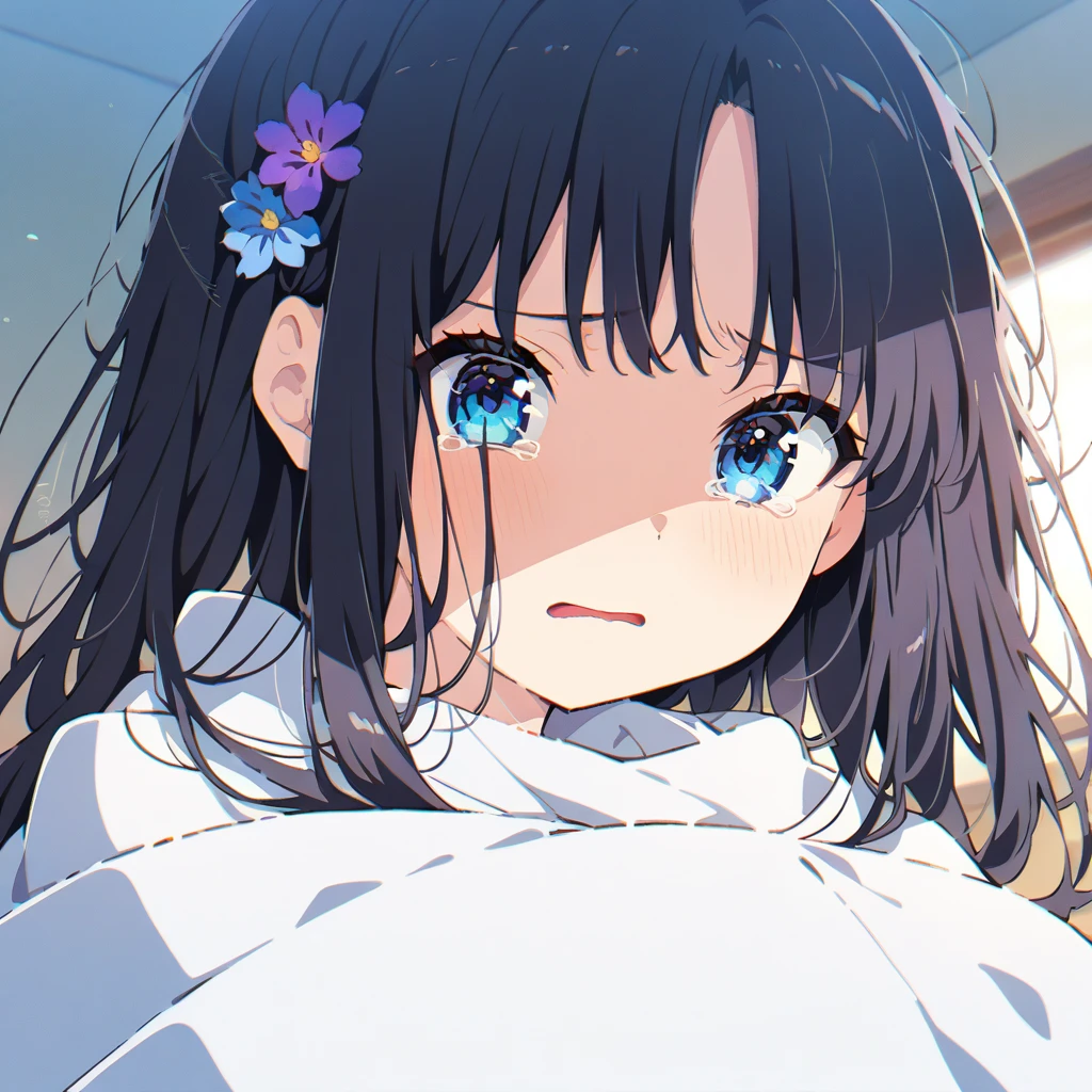 Masterpiece, Best quality, solo female, young girl, sister-like, blue eyes color, long hair, black color hair, teary eyes, crying, sparkless eyes, depression eyes, hopeless expression, anxiety, messy, flower hairpin, anime, illustration, full body, body covered in blanket, room background 