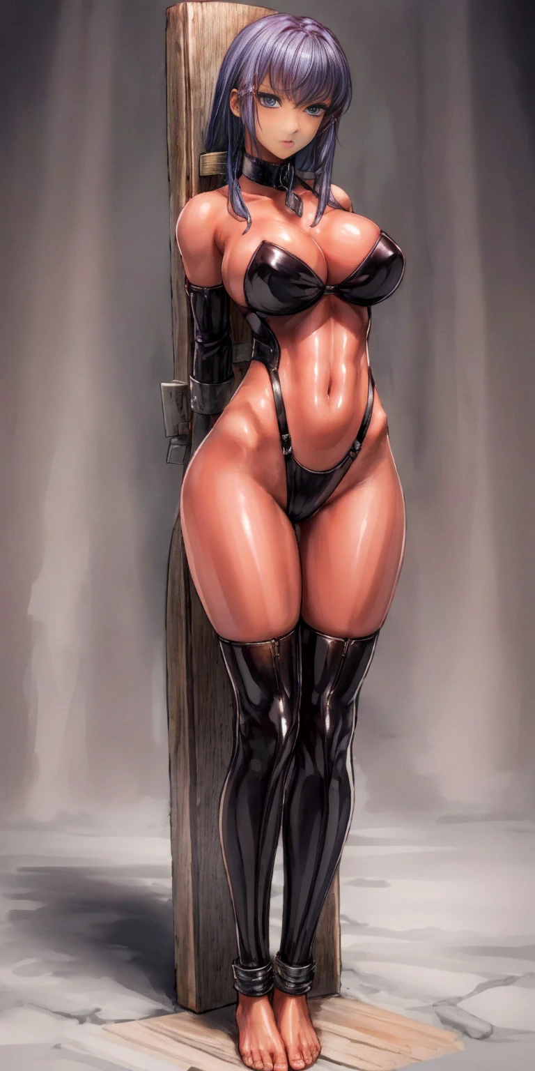 (Masterpiece, best quality, intricate details, 1sologirl) iron collar, arms behind back, iron cuffs, shackles, leather collar choker neck bell, bound ((standing by wooden pole:1.2)) ((female Black Dark skin Gyaru)) show entire body frontal position, realistic, gorgeous 16y.o. darkest skinned mixed race female, black African, transparent black pantyhose, legs together barefoot no shoes barefoot, looking view to viewer from below straight symmetrical, long hair