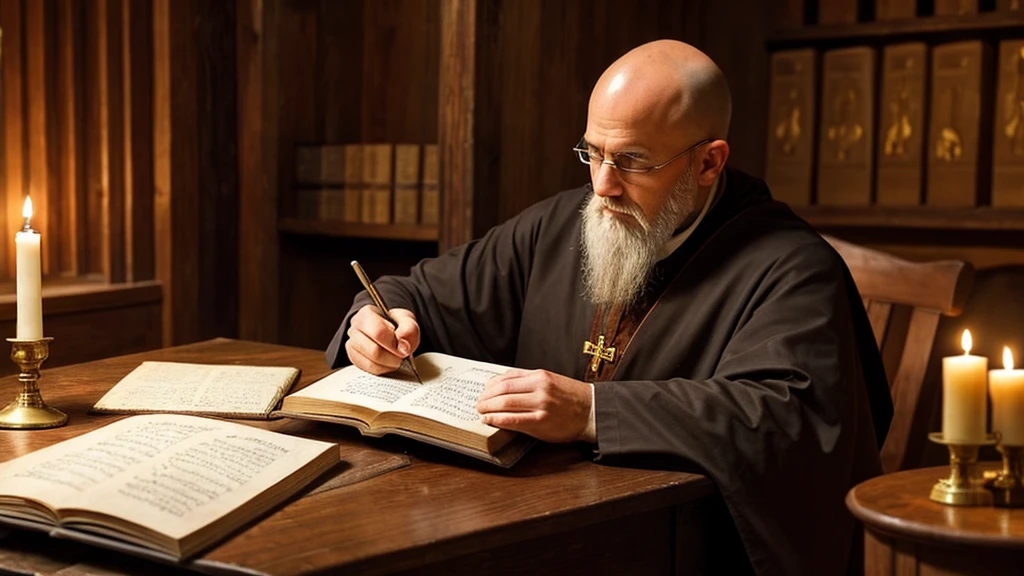 A bald elderly medieval writer, with gray beard, inside a monastery, by candlelight, writing on parchment with a quill, byzantine mosaic style