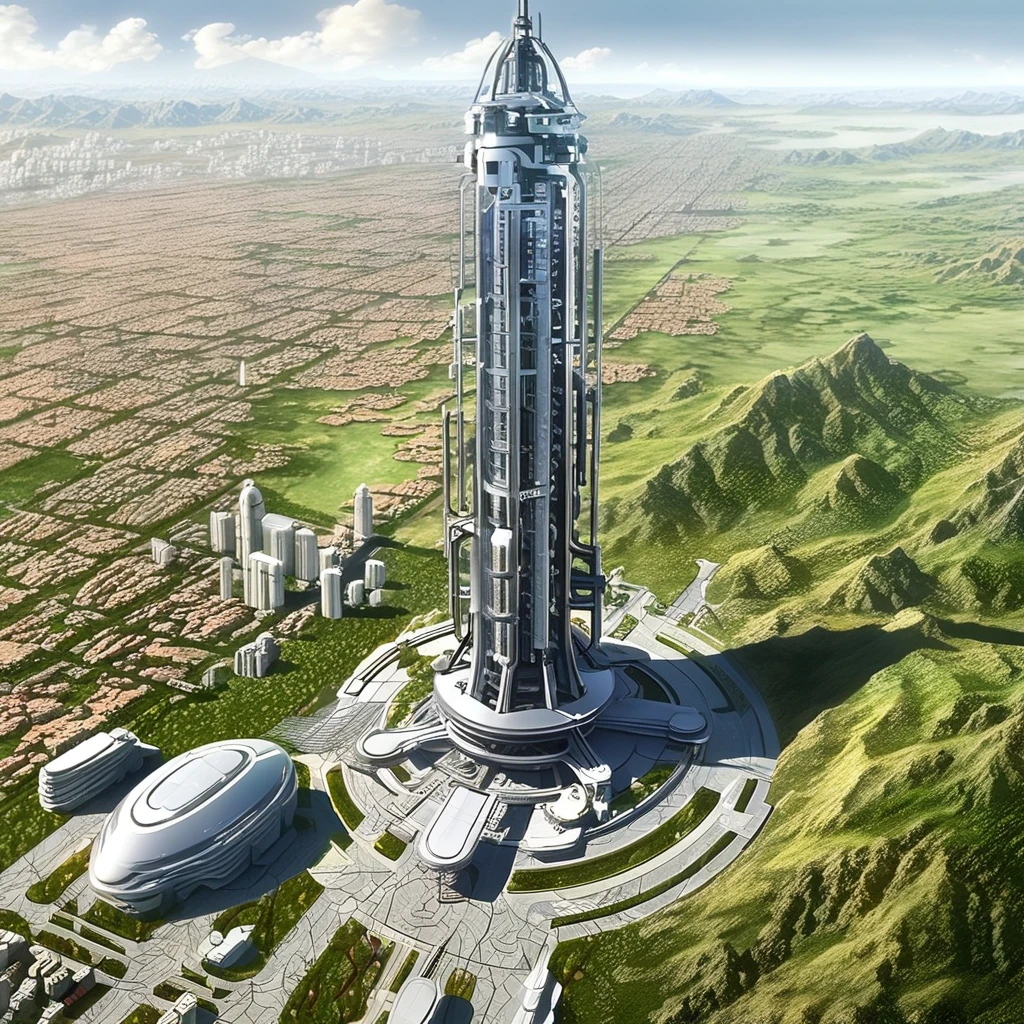 (Landscape only drawing)Future City, Orbital elevator, Space elevator, RAW Photos, 8K, masterpiece, Very detailed, Highest quality