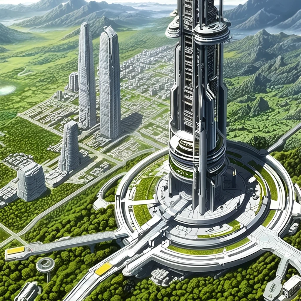 (Landscape only drawing)Future City, Orbital elevator, Space elevator, RAW Photos, 8K, masterpiece, Very detailed, Highest quality