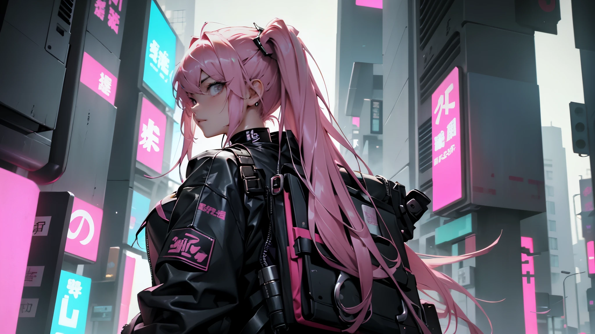 Beautiful woman pink twin tail long hair、short clothes in cyberpunk style、Glaring at the Viewer、facing forward、A slight smile