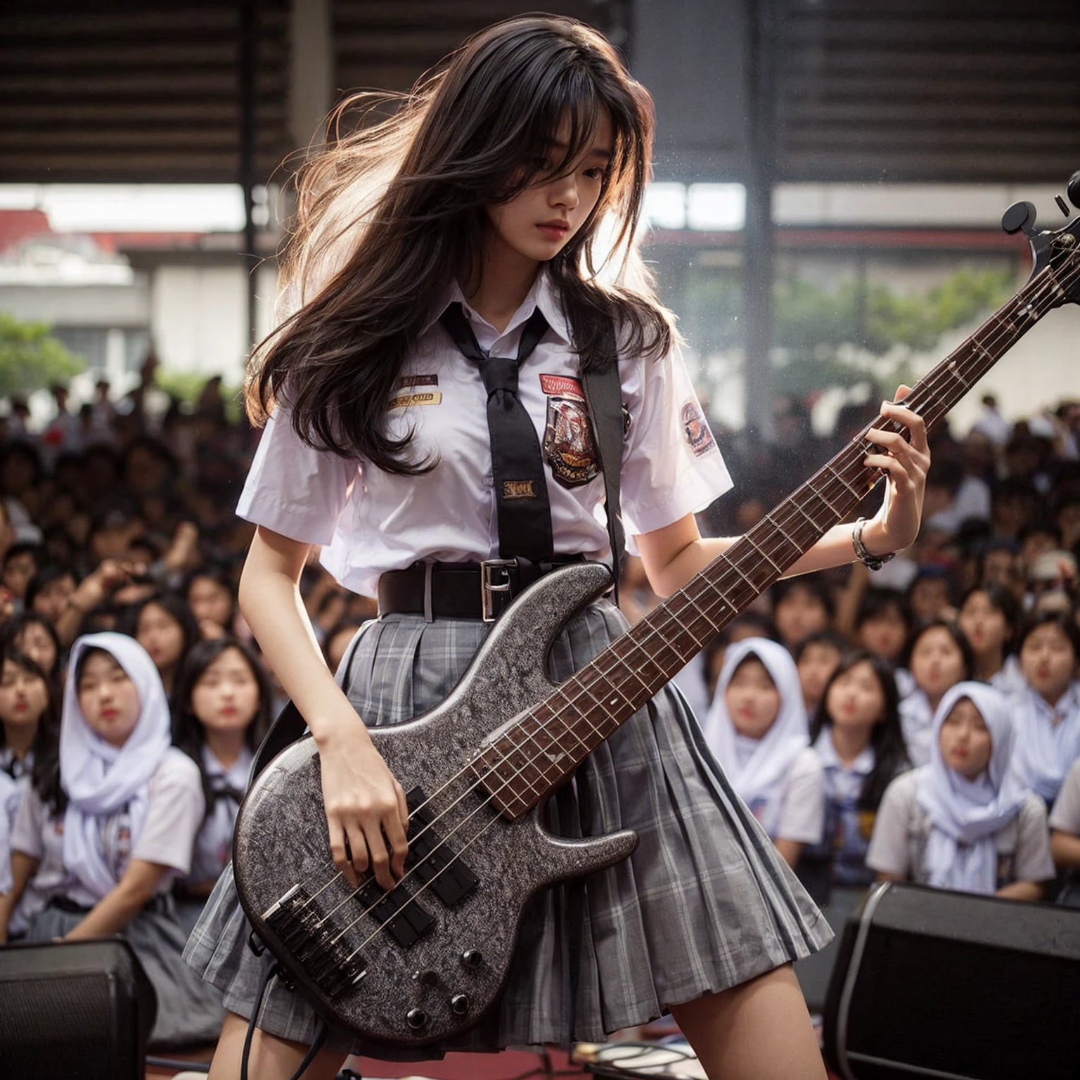 Here is the translation to English:

"A beautiful Korean girl, 18 years old, tall, fair-skinned, medium breasts, playing bass guitar, performing on a high school stage in Surabaya city, many school  watching, wearing a high , white shirt, belt, and gray skirt, jumping around, headbanging, masterpiece, realistic image, HD, 4k, detailed face, detailed eyes, messy hairstyle"