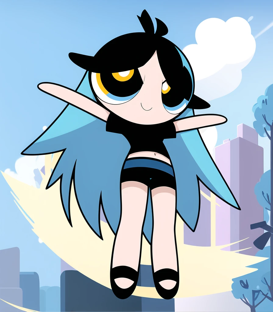 ((( blue sky long hair,))) smile, chibi, full body,1girl, yellow eyes, Black short-sleeved shirt showing off your stomach, black shorts,