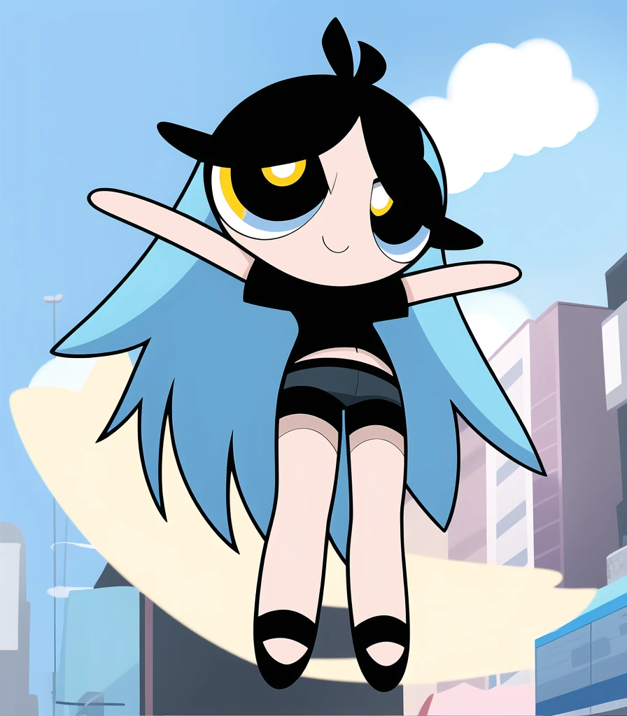 ((( blue sky long hair,))) smile, chibi, full body,1girl, yellow eyes, Black short-sleeved shirt showing off your stomach, black shorts,