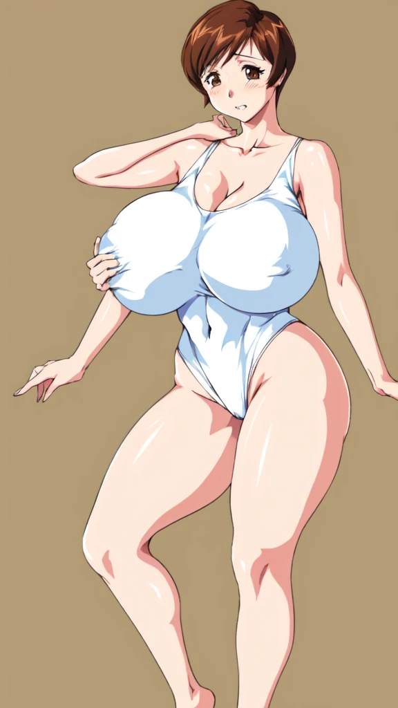 masterpiece, highest quality, High resolution, One girl, solo, intercographic imaghort hair, etsukoto, brown Eyes, fine grain, fine grain, (((Thick thighs, Plump thighs, Voluptuous thighs, Thighs alone are enough))), Huge and ample breasts, Cleavage, bigreasts, Nig,((big breasts artant))、((Naughty thighs(thin:1.4),(Tight waist:1.4), (white swimsuit:1.4), Embarrassed look, blush, (((Simple Background))), ((Wide Hips)), Shiny, Oily skin, Mature mother, Calf, Seductive mature woman, milf, Perfdy, Plus Size Model, curvy, ampsukoto, blush,vicle, retro artstyle, 1990s (style), (thick thighs:1.4), ((((covering breast by arms, bursting breast)))), from side, full body, feet,
