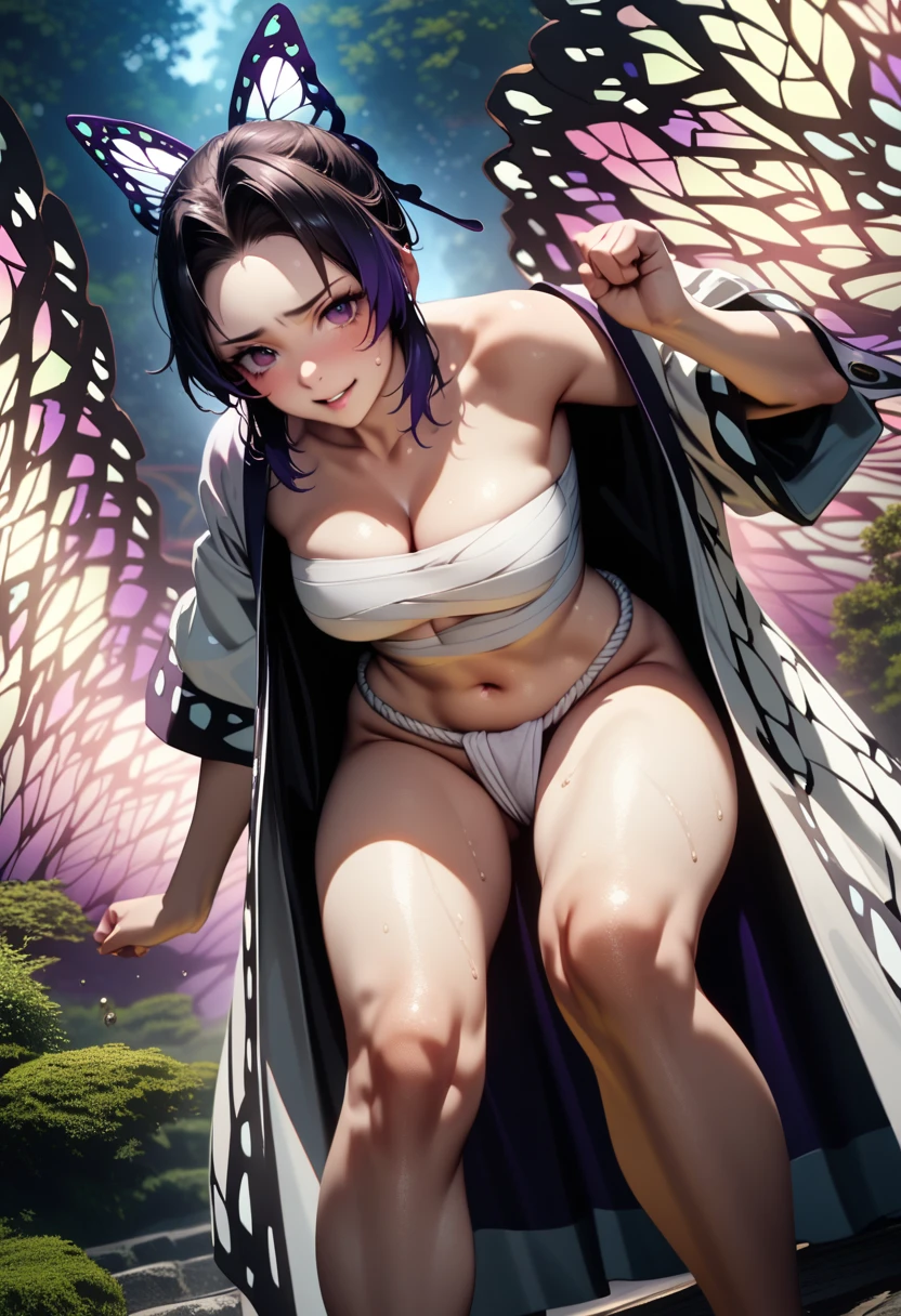 k0ch0ush1n0bu, shinobu kochou, (Taisho era),naked, black hair, (flying many small butterfly background:1.2), butterfly hair ornament, butterfly print, forehead, gradient hair, hair ornament, haori, multicolored hair, parted bangs, purple hair, short hair, two-tone hair,japanese fundoshi,butterfly print, coat,,1  japanese girl,perfect hands, perfect finger,perfect anatomy, masterpiece, best quality,realistic, hyperrealistic, 16k hdr,medium breasts,cleavage,outdoor,night,sexy pose,sweat,embarrassment,red blush,erected nipples,sitting,spread legs