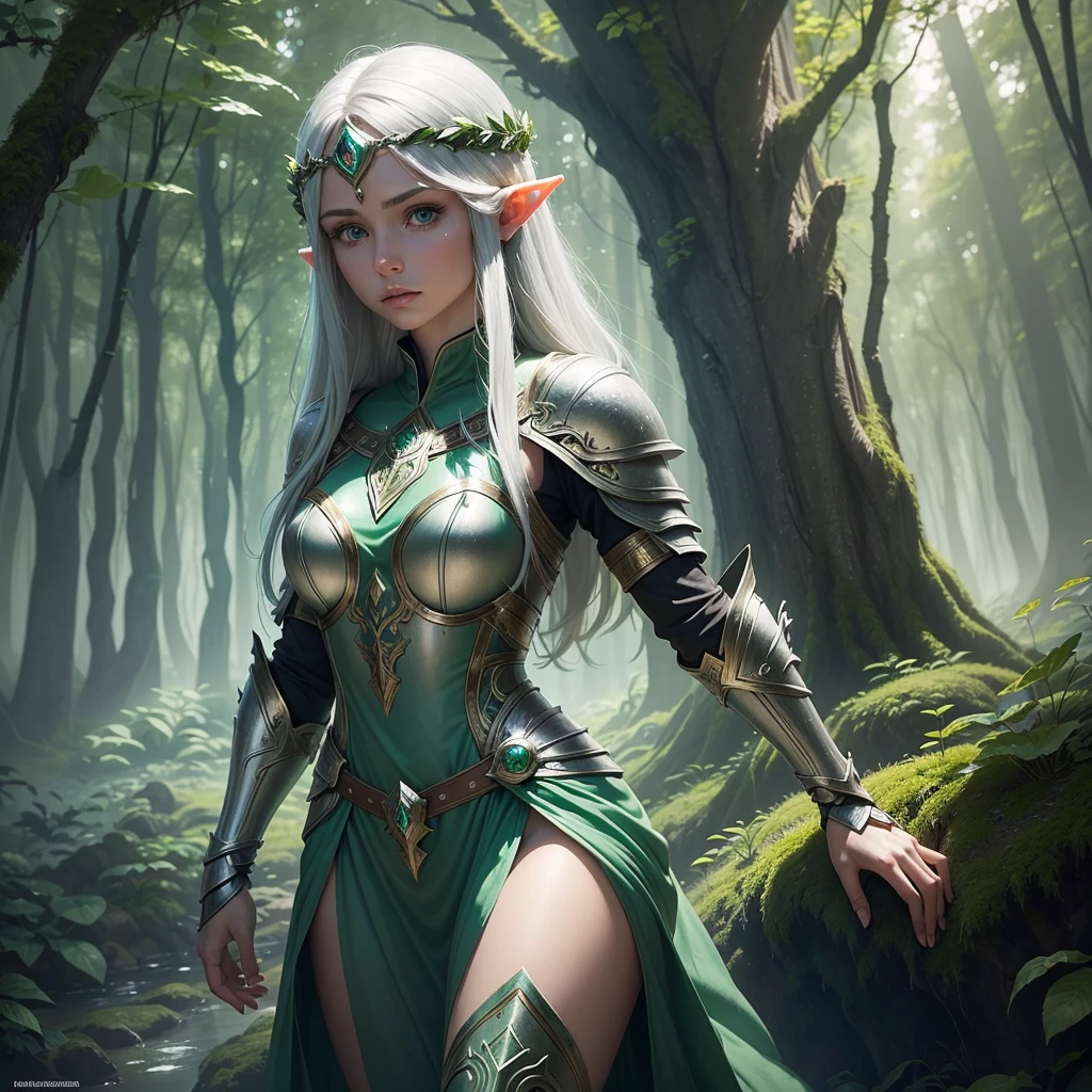 A young, adventurous female elf warrior standing in a mystical forest. She has long, flowing silver hair and piercing green eyes. Her armor is made of intricately designed silver and green metals, adorned with emeralds. She holds a glowing, ancient staff in her right hand and a small, enchanted shield in her left. The forest is dense with ancient trees, bioluminescent plants, and soft mist swirling around her feet. The mood is magical and mysterious, realistic, 4k, beautiful big eyes, cover legs, half body photo, don't show legs
