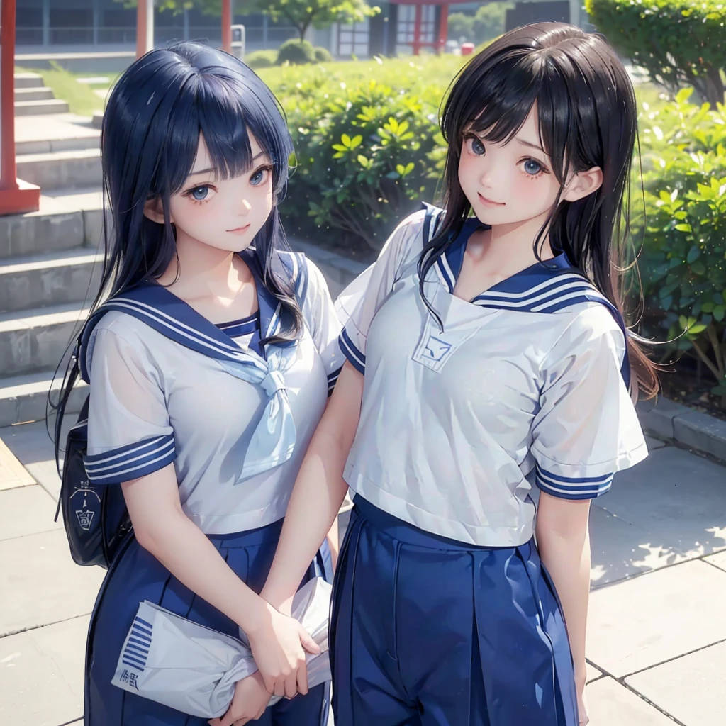 best quality, masterpiece,
Three Japanese-high-school-girls,
looking straight ahead and striking a gutsy pose are standing (separately:1.4), side by side,
wearing a short-sleeved Japanese-blue-high-school-sailor-suit,
(short-sleeved Japanese-blue-high-school-sailor-suit:1.7),
Reddish bow tie, with a school bag,
((too much smile)), very cute, face, head and waist fully visible, (soft eyes:1.2)
upper arms hidden by clothes and hair,(innocent and pure high-school-girls:1.7)
,(The image shows only the upper body:1.7)
(only one well-shaped beautiful mount Fuji:1.2), (shrine:1.2), summer(season) ,(outdoors:1.5),