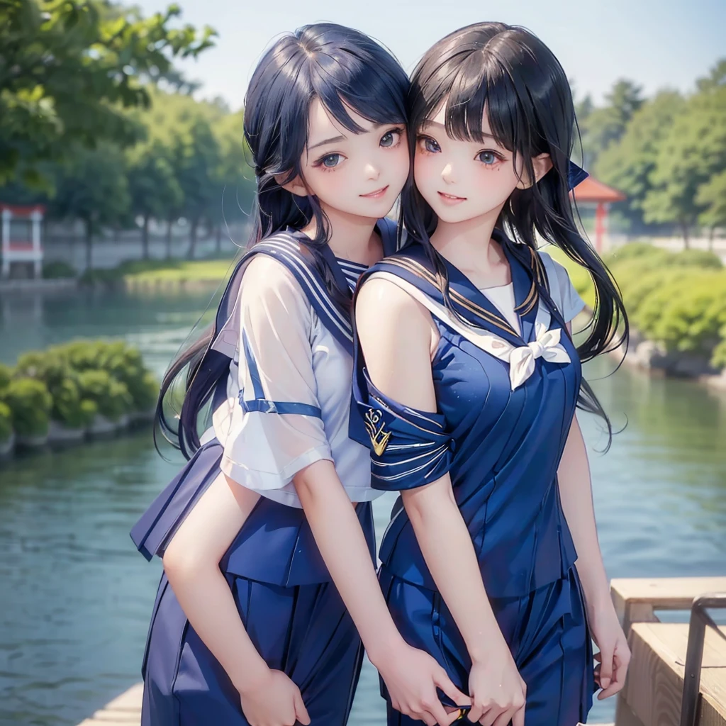 best quality, masterpiece,
Three Japanese-high-school-girls,
looking straight ahead and striking a gutsy pose are standing (separately:1.4), side by side,
wearing a short-sleeved Japanese-blue-high-school-sailor-suit,
(short-sleeved Japanese-blue-high-school-sailor-suit:1.7),
Reddish bow tie, with a school bag,
((too much smile)), very cute, face, head and waist fully visible, (soft eyes:1.2)
upper arms hidden by clothes and hair,(innocent and pure high-school-girls:1.7)
,(The image shows only the upper body:1.7)
(only one well-shaped beautiful mount Fuji:1.2), (shrine:1.2), summer(season) ,(outdoors:1.5),