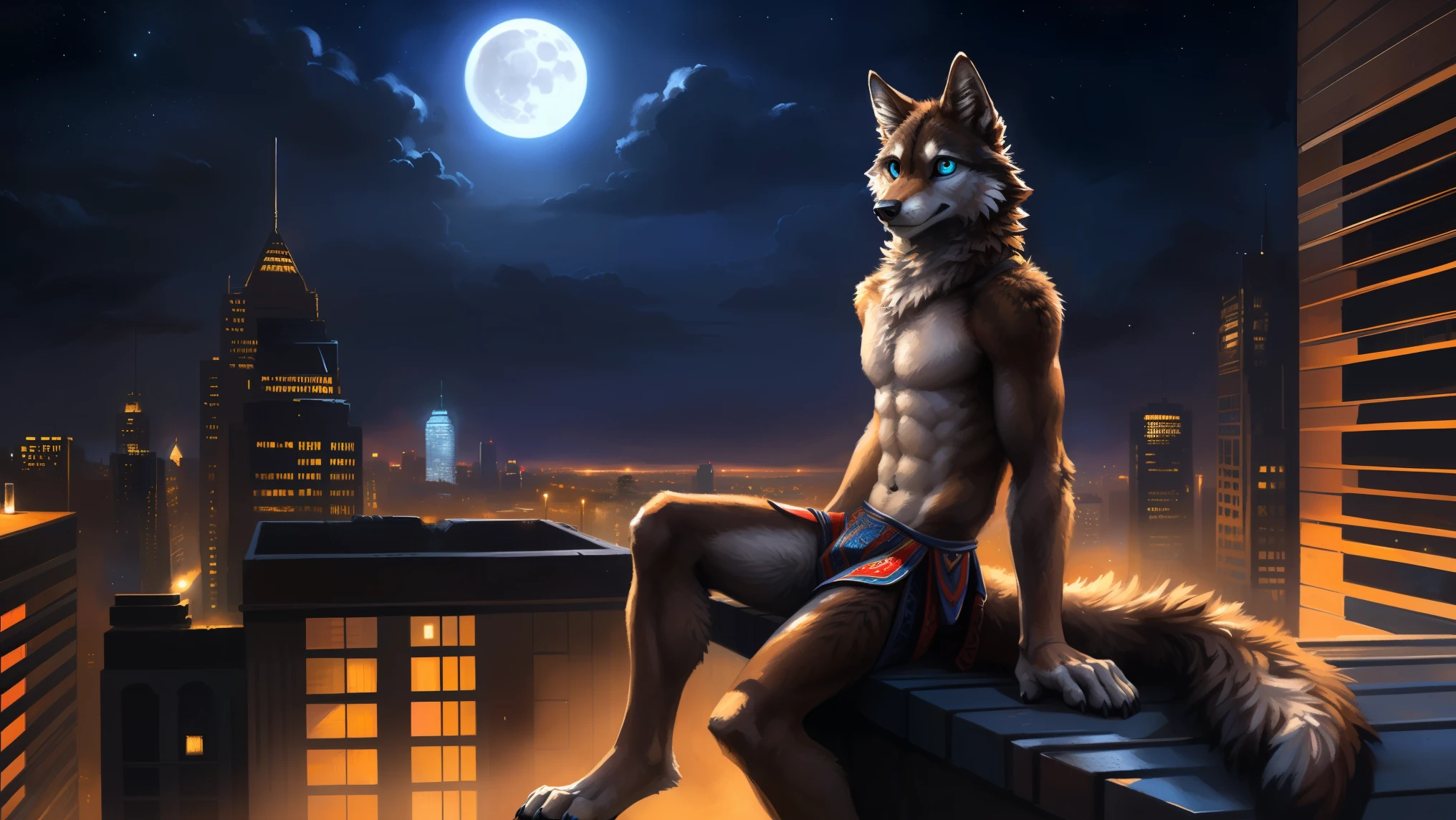 ((Solo)), male people, anthro wolf, (Multi-colored fur, White-brown:1.3), ((Wolf face, Big eyes, White eyelids, Blue pupil, Slim:1.2) (Tough, Calm expression:1.2)), (Height 2.1 meters,Tail length 1.5m), Abs, Slim, pinging, (Correct anatomy), (Contour bone:1.2), The upper body is naked, (detailed outfits), a long large tail,Feet,(Realistic fur, Detailed fur texture, labeled:1.3)), (Natural lighting), Photorealistic, Hyperrealistic, ultradetailed, by Kenket,In the modern city,Roof,the night,Sit alone,Look at the full moon,It was dark,Starry