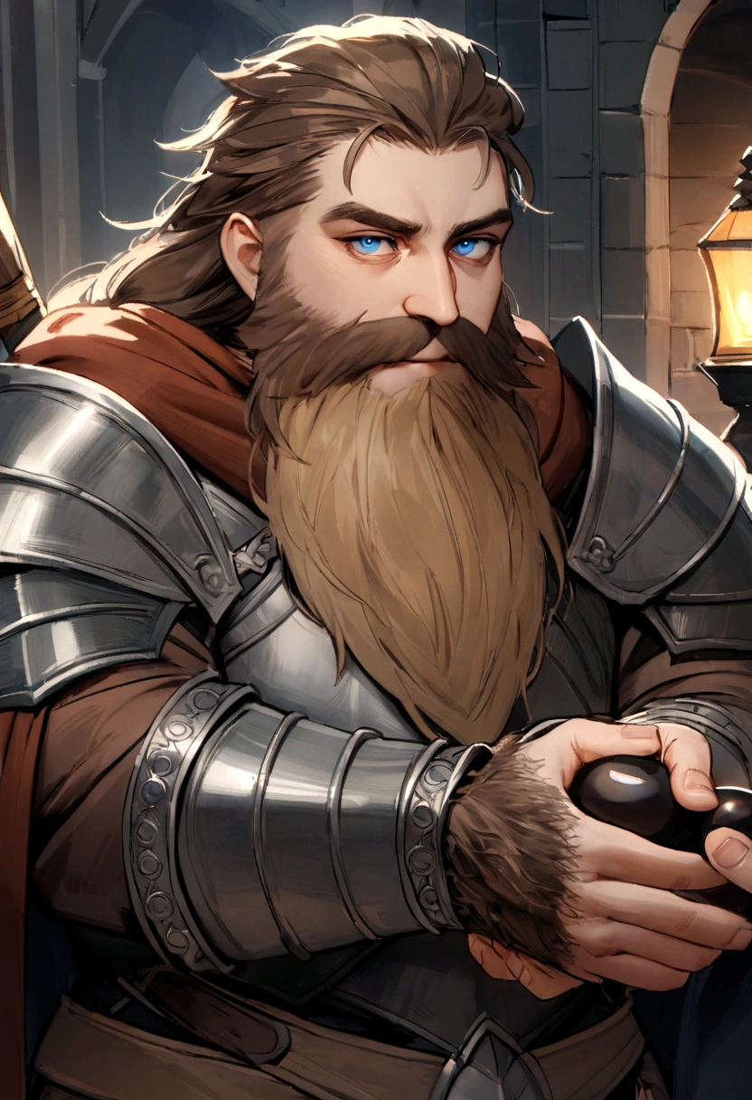 Dwarf in full grey armor, medieval fantasy dwarf, stark, plumpness, with light brown hair and a long beard, dwarven heavy armor, a mad look, fully body, standing alone, fancy, Dwarf Medieval RPG, Closeup portrait of a dwarf with a braided beard, Dwarf beard, 4 k image, 超A high resolution, inside royal dwarf hold, High details, best qualityer, 16K, [ultra detaild], master part, best qualityer, (extremely detaild), fully body, photorrealistic, arte de fancy, Arte de RPG, d&d art, an image of a dwarf in his hold (intense details, best qualityer), dwarf male fantasy (intense details, master part, best qualityer),(intense details, master part, best qualityer), brown hair, dynamic blue eye color, Ultra Detailed Face (intense details, master part, best qualityer), long beard, brown beard, holding a maul in his hand, maul has MGICAL runes