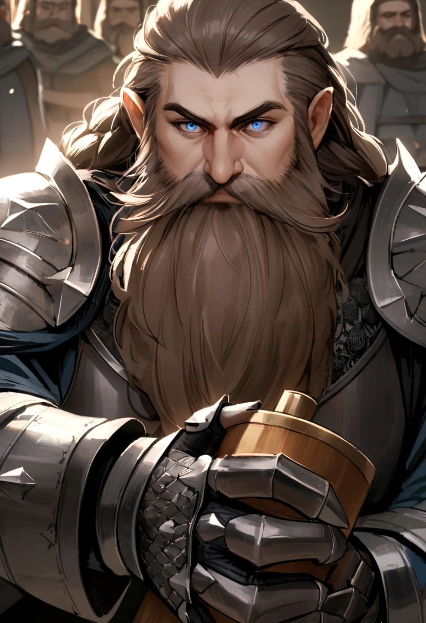 Dwarf in full grey armor, medieval fantasy dwarf, stark, plumpness, with light brown hair and a long beard, dwarven heavy armor, a mad look, fully body, standing alone, fancy, Dwarf Medieval RPG, Closeup portrait of a dwarf with a braided beard, Dwarf beard, 4 k image, 超A high resolution, inside royal dwarf hold, High details, best qualityer, 16K, [ultra detaild], master part, best qualityer, (extremely detaild), fully body, photorrealistic, arte de fancy, Arte de RPG, d&d art, an image of a dwarf in his hold (intense details, best qualityer), dwarf male fantasy (intense details, master part, best qualityer),(intense details, master part, best qualityer), brown hair, dynamic blue eye color, Ultra Detailed Face (intense details, master part, best qualityer), long beard, brown beard, holding a maul in his hand, maul has MGICAL runes