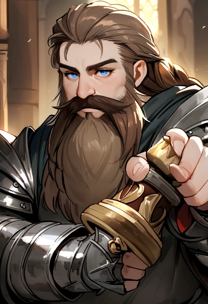 Dwarf in full grey armor, medieval fantasy dwarf, stark, plumpness, with light brown hair and a long beard, dwarven heavy armor, a mad look, fully body, standing alone, fancy, Dwarf Medieval RPG, Closeup portrait of a dwarf with a braided beard, Dwarf beard, 4 k image, 超A high resolution, inside royal dwarf hold, High details, best qualityer, 16K, [ultra detaild], master part, best qualityer, (extremely detaild), fully body, photorrealistic, arte de fancy, Arte de RPG, d&d art, an image of a dwarf in his hold (intense details, best qualityer), dwarf male fantasy (intense details, master part, best qualityer),(intense details, master part, best qualityer), brown hair, dynamic blue eye color, Ultra Detailed Face (intense details, master part, best qualityer), long beard, brown beard, holding a maul in his hand, maul has MGICAL runes