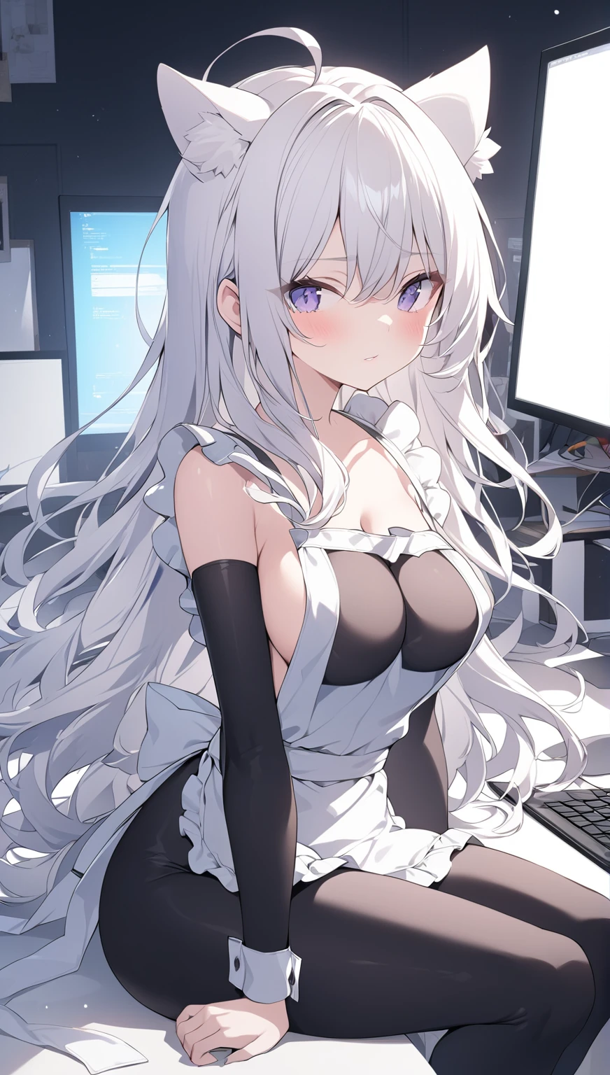 a render of a girl with a catsuit looks from the computer, 1girl, animal ears, apron, solo, breasts, white hair, long hair, naked apron