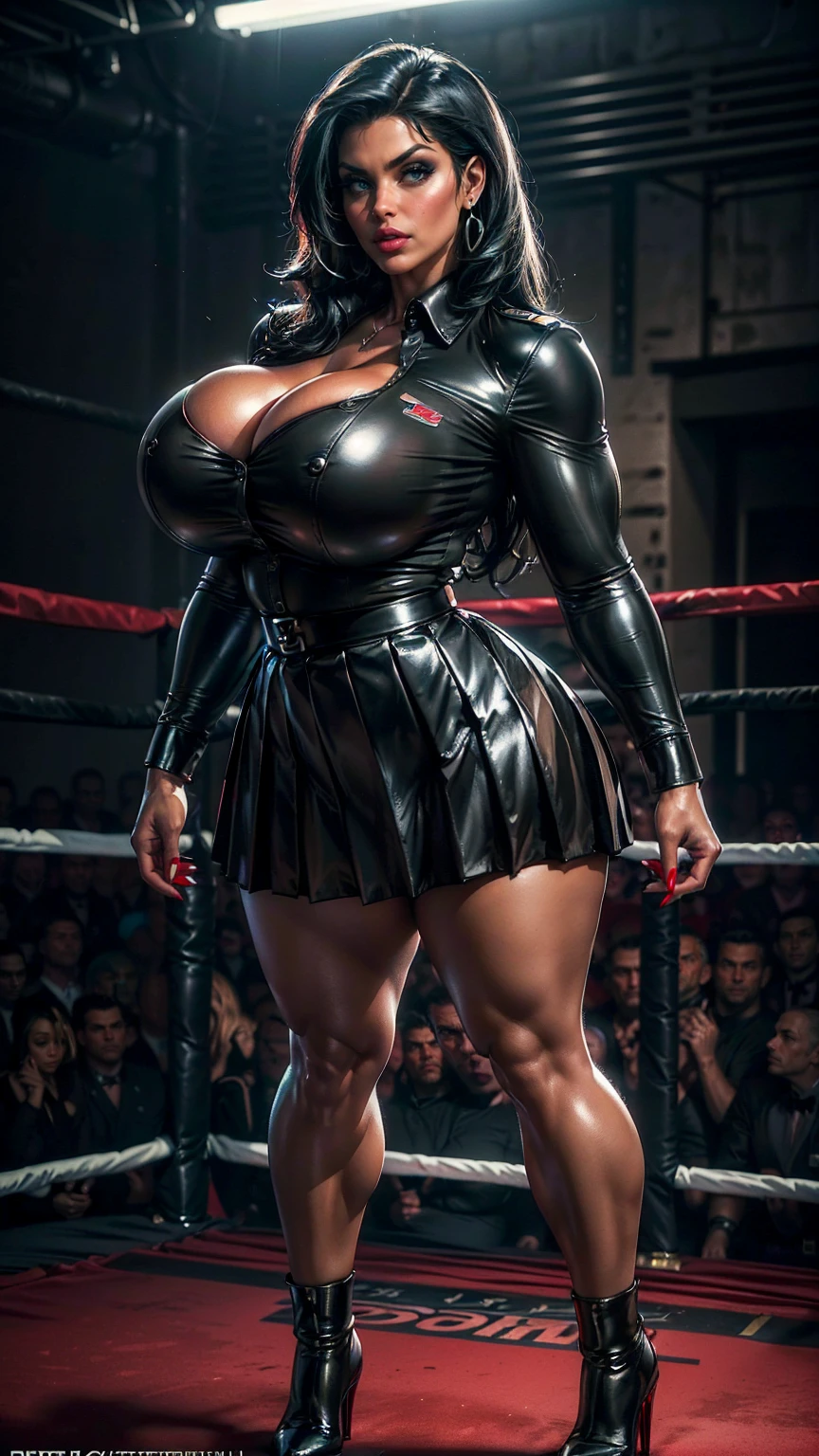 (masterpiece, Top quality, best quality, official art, beautiful and aesthetic: 1.2), ((curvy thicc mature Denise Milani:1.3)), gorgeous and stunning face, ((black leather long-sleeved formal army shirt, buttoned up:1.5)), ((long black leather pleated skirt:1.5)), ((cropped, straight jet-black hair:1.3)), (tiny waist), ((thicc, thick thighs:1.5)), ((beautiful large green eyes):1.3), (intimidating pose in a boxing ring), (full-body portrait), (vivid colors), (metallic textures), (hot red lips, makeup:1.3), sexy fighter, prominent breasts, rock solid breasts, missile shaped breasts that defy gravity, (full body portrait:1.3), big_boltedontits, boltedontits, th3p1t, sakimichan,