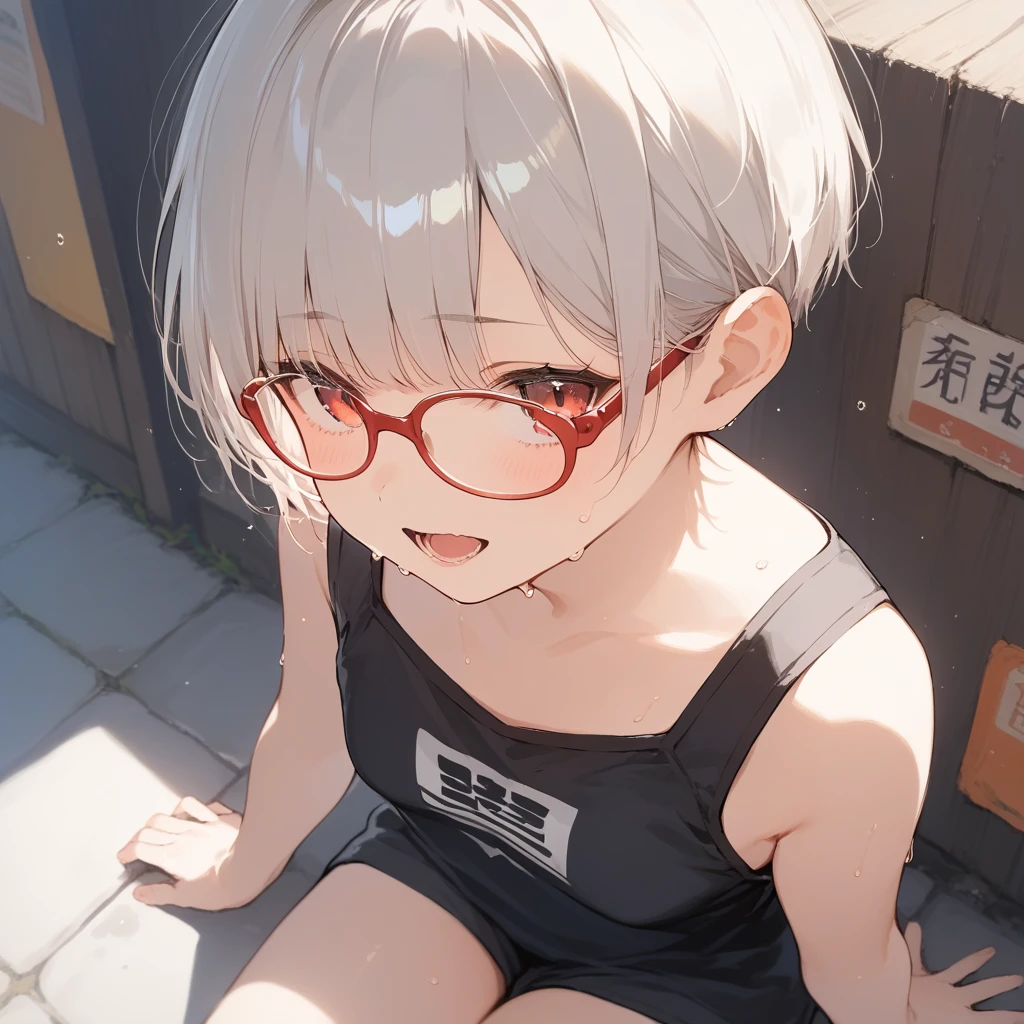 score_9, score_8_up, score_7_up, source_anime, best quality, masterpiece, official art, absurdres, highres, ultra-detailed,waifu2x,Collection: Slice of Life,break,1girl, very short hair,pixie cut, long bangs, glasses, small breasts, thighs, sweat, open mouth, (wavy mouth:0.3), outdoors, summer, break,(clear line illustration:1.2),very high resolution, very aesthetic, super detailed skin, Best sexual lighting powered by famous artist, 8k,cute picture,beauty illustration,photoshop_(medium),,(Detailed Lighting),best anime 8k konachan wallpaper, pixiv contest winner, 