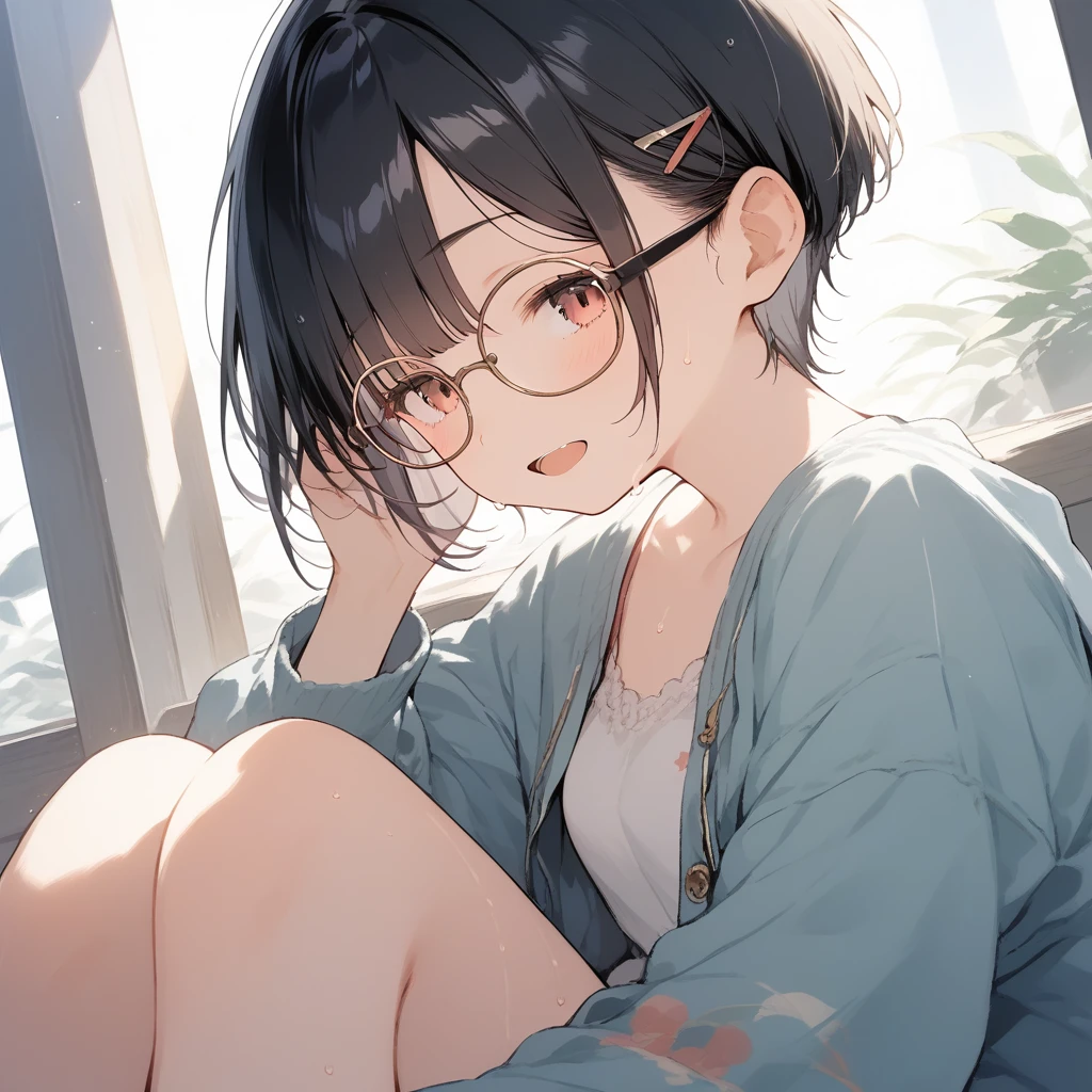 score_9, score_8_up, score_7_up, source_anime, best quality, masterpiece, official art, absurdres, highres, ultra-detailed,waifu2x,Collection: Slice of Life,break,1girl, very short hair,pixie cut, long bangs, glasses, small breasts, thighs, sweat, open mouth, (wavy mouth:0.3), outdoors, summer, break,(clear line illustration:1.2),very high resolution, very aesthetic, super detailed skin, Best sexual lighting powered by famous artist, 8k,cute picture,beauty illustration,photoshop_(medium),,(Detailed Lighting),best anime 8k konachan wallpaper, pixiv contest winner,