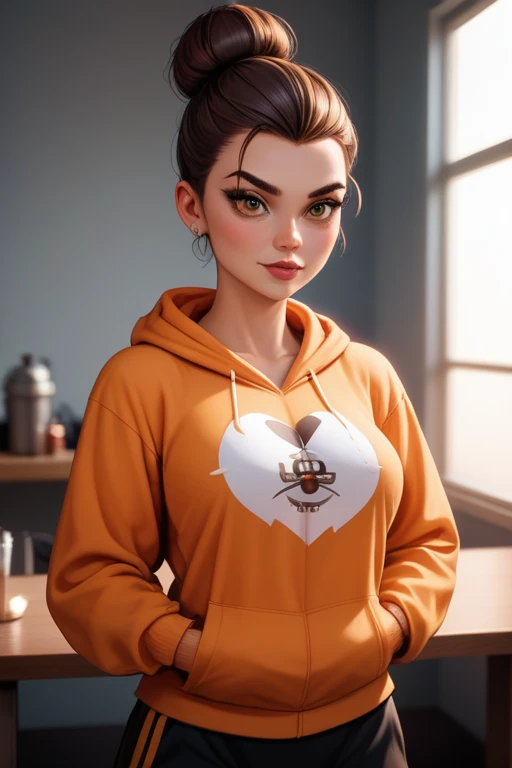 Caucasian (Russo-Italian) young female fitness instructor; athletic build; athlete; short dark brown hair tied in a small bun; hazel eyes; fair skin; wears a hoodie; in a small apartment kitchenette drinking a protein shake; exuding a rebellious and tomboyish attitude; large breasts; Disney-style, CGI; best quality; high definition; trending on artstation; complex volumetric lighting; shadows;