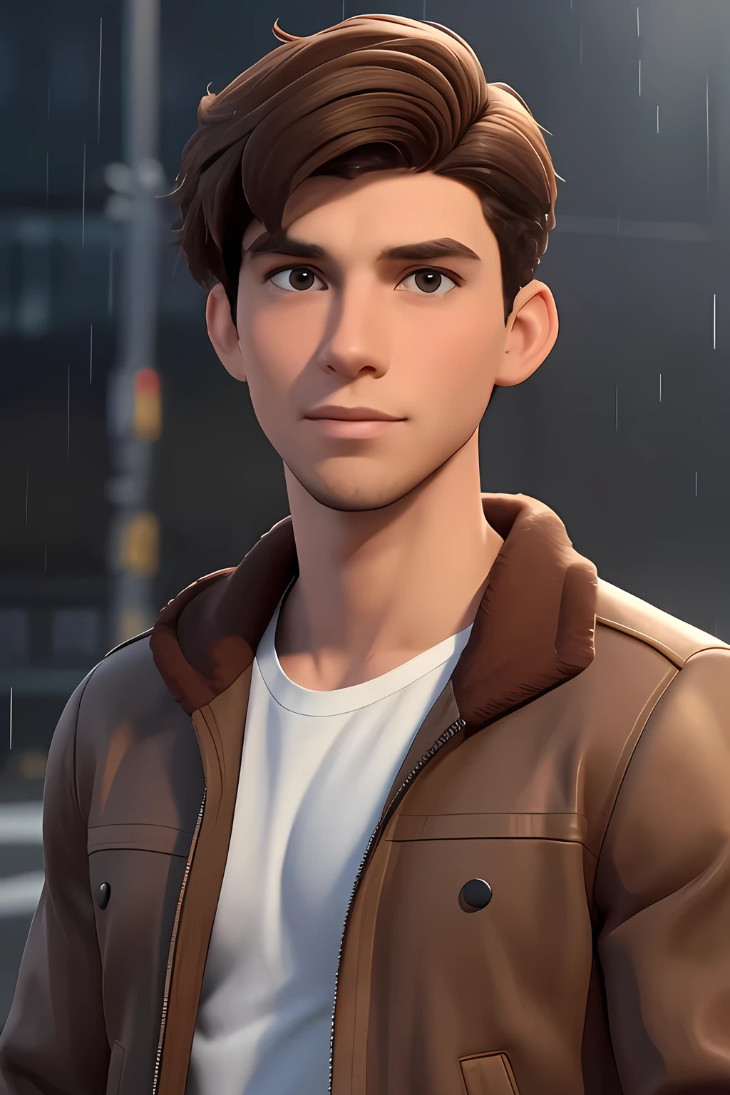 Ethan Williams, a young man of 19 years old, with medium-length brown hair, brown eyes, angular jaw, short stubble beard, lean body, cute and handsome, mature look, serious subtle smirk on face, wearing a jacket, close up shot in the rain. 3d cartoon