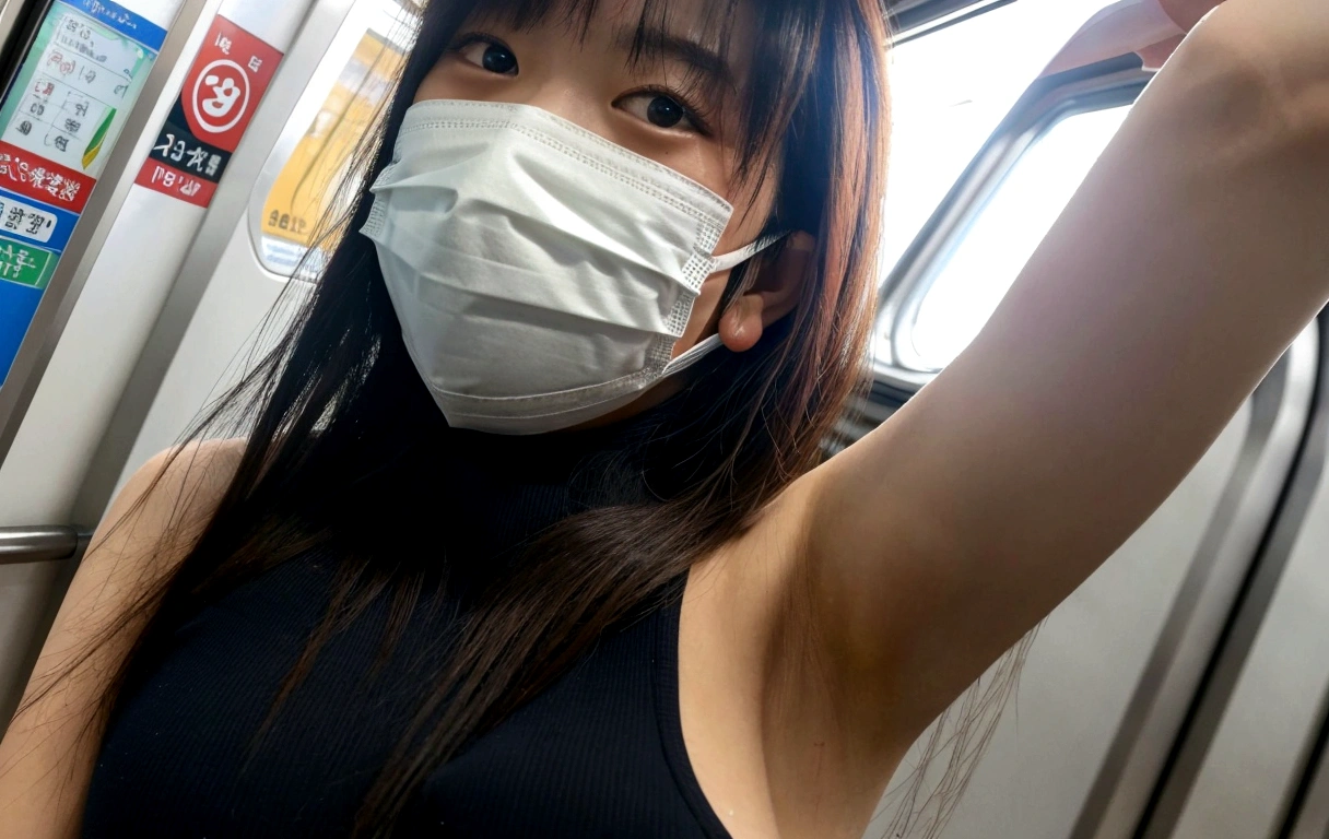 A Japanese gravure model wearing a mask on a subway train, Wear a mask, Wearing a mask, Selfie taken at a straight angle,Big Breasts,Armpit,Armpit汗,4K,cute