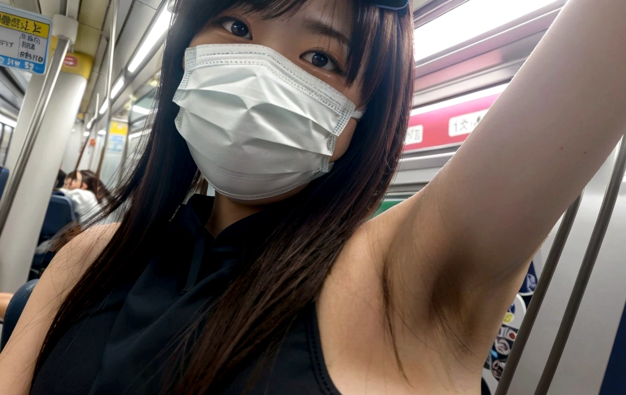 A Japanese gravure model wearing a mask on a subway train, Wear a mask,  Wearing a mask, Selfie taken at a straight angle,Big Breasts,Armpit,Armpit汗,4K,cute