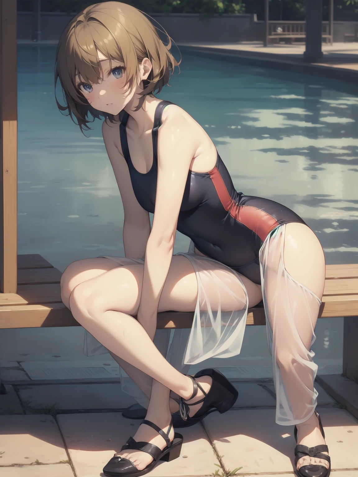 ultra-Top-quality by art God, ultra-detailed, high resolution, shinkai makoto style, anime moe artstyle, best anime 8k konachan wallpaper, pixiv contest winner, perfect anatomy, break,(Please draw a picture of a girl in a swimsuit sitting masturbation on a bench by the poolside alone.),break, a hyperrealistic school girl, parted lips, (Solo,ta, kid, 13-year-old:1.3),Full limbs, complete fingers, androgynous charm, (very short hair), wet hair, small breasts,slender body, Small butt, groin, Small black eyes,hanme,beautiful detailed eyes, well-proportioned iris and pupils, sleepy eyes, highres detailed hair, swimsuit, wet swimsuit, bare shoulders, thighs, pussy juice, masturbation, in the school pool. break,super detailed skin, shiny skin, Best lighting powered by famous artist, 8k, illustration,UHD, textured skin,break,((artist:toosaka_asagi )), artist:clamp ,artist:carnelian ,artist:kantoku ,