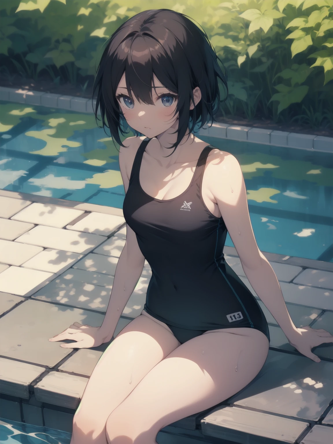 ultra-Top-quality by art God, ultra-detailed, high resolution, shinkai makoto style, anime moe artstyle, best anime 8k konachan wallpaper, pixiv contest winner, perfect anatomy, break,(Please draw a picture of a girl in a swimsuit sitting masturbation on a bench by the poolside alone.),break, a hyperrealistic school girl, parted lips, (Solo,ta, kid, 13-year-old:1.3),Full limbs, complete fingers, androgynous charm, (very short hair), wet hair, small breasts,slender body, Small butt, groin, Small black eyes,hanme,beautiful detailed eyes, well-proportioned iris and pupils, sleepy eyes, highres detailed hair, swimsuit, wet swimsuit, bare shoulders, thighs, pussy juice, masturbation, in the school pool. break,super detailed skin, shiny skin, Best lighting powered by famous artist, 8k, illustration,UHD, textured skin,break,((artist:toosaka_asagi )), artist:clamp ,artist:carnelian ,artist:kantoku ,