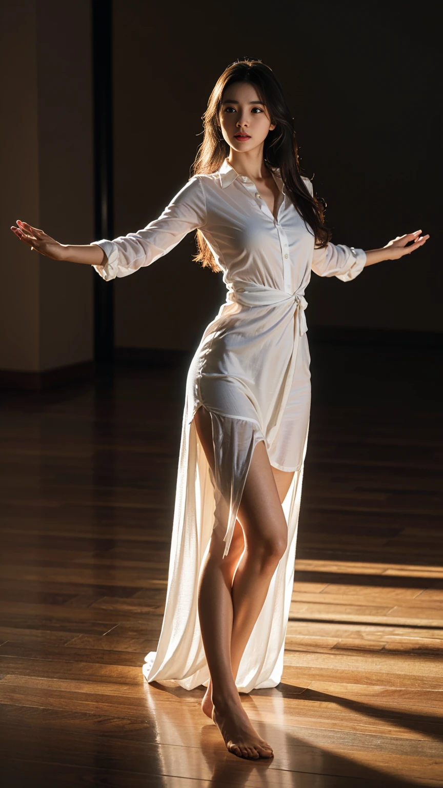mix4, 20d, solo, long_hair, shirt, dress, Dynamic, look_at_viewer, (8k, RAW photo, best quality, masterpiece:1.2), (realistic, photo-realistic:1.37), professional lighting, photon mapping, radiosity, physically-based rendering,Modern Dance Poses, From distance