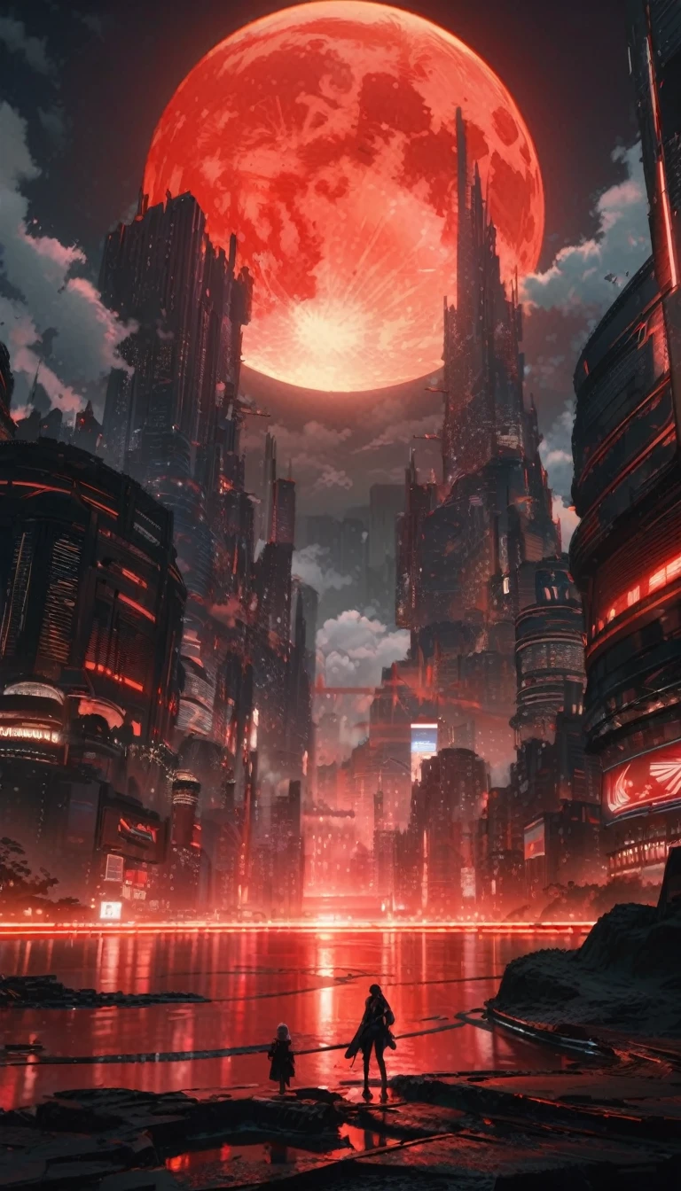 (Perfect quality), (red & white), in a flat landscape, (January), (Huge Night City), (巨大なredい月), haze, Wide Shot, atmospheric perspective, perspective, masterpiece, High resolution, High resolution, 4K, 最high quality, Awards, high quality, Super detailed, Accurate, masterpiece, UHigh resolution