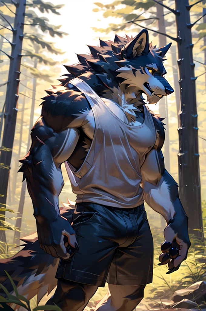 close up, furry, anthro, giant werewolf,wolf ears,wolf tail, dark grey and white fur, messy fur, neck floof, yellow glowing eyes, razor sharp teeth, sabertooth, long sabertooth, muscular body, handsome, monstrous, posing in a forest, daytime, alone, wearing a white baggy tank top, black denim shorts, bulge, body covered in scars, pawpads, black pawpads, best quality, 4K, UHD, masterpiece,