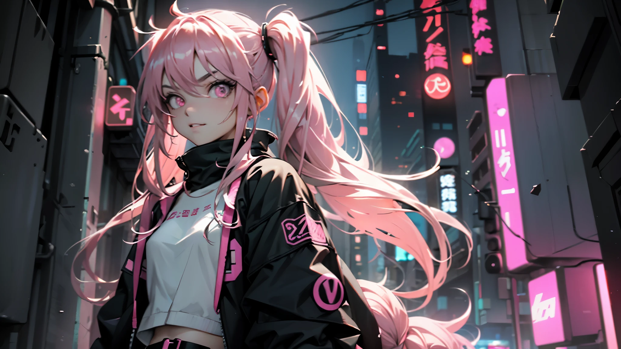 Beautiful woman pink twin tail long hair、short clothes in cyberpunk style、Glaring at the Viewer、facing forward、A slight smile