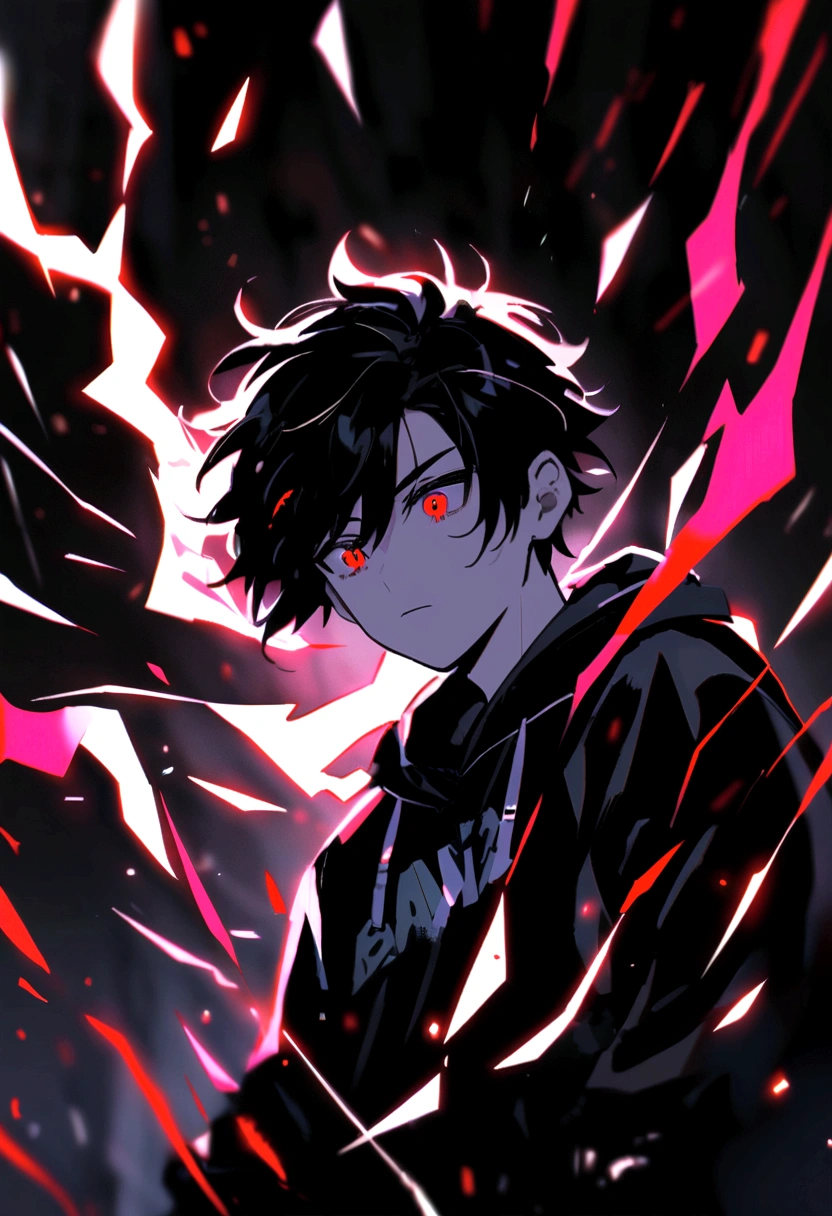 Man Long black hair black and white sweatshirt with red electricity on the body