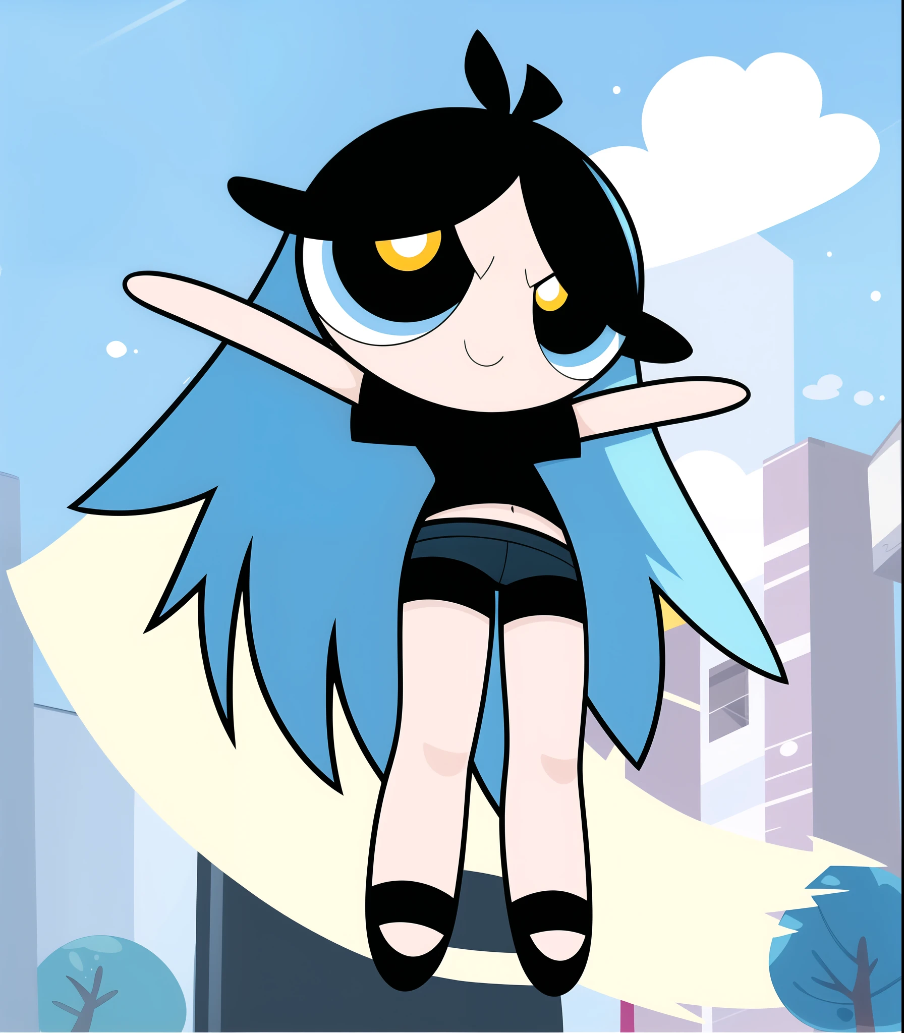 ((( blue sky long hair,))) smile, chibi, full body,1girl, yellow eyes, Black short-sleeved shirt showing off your stomach, black shorts,