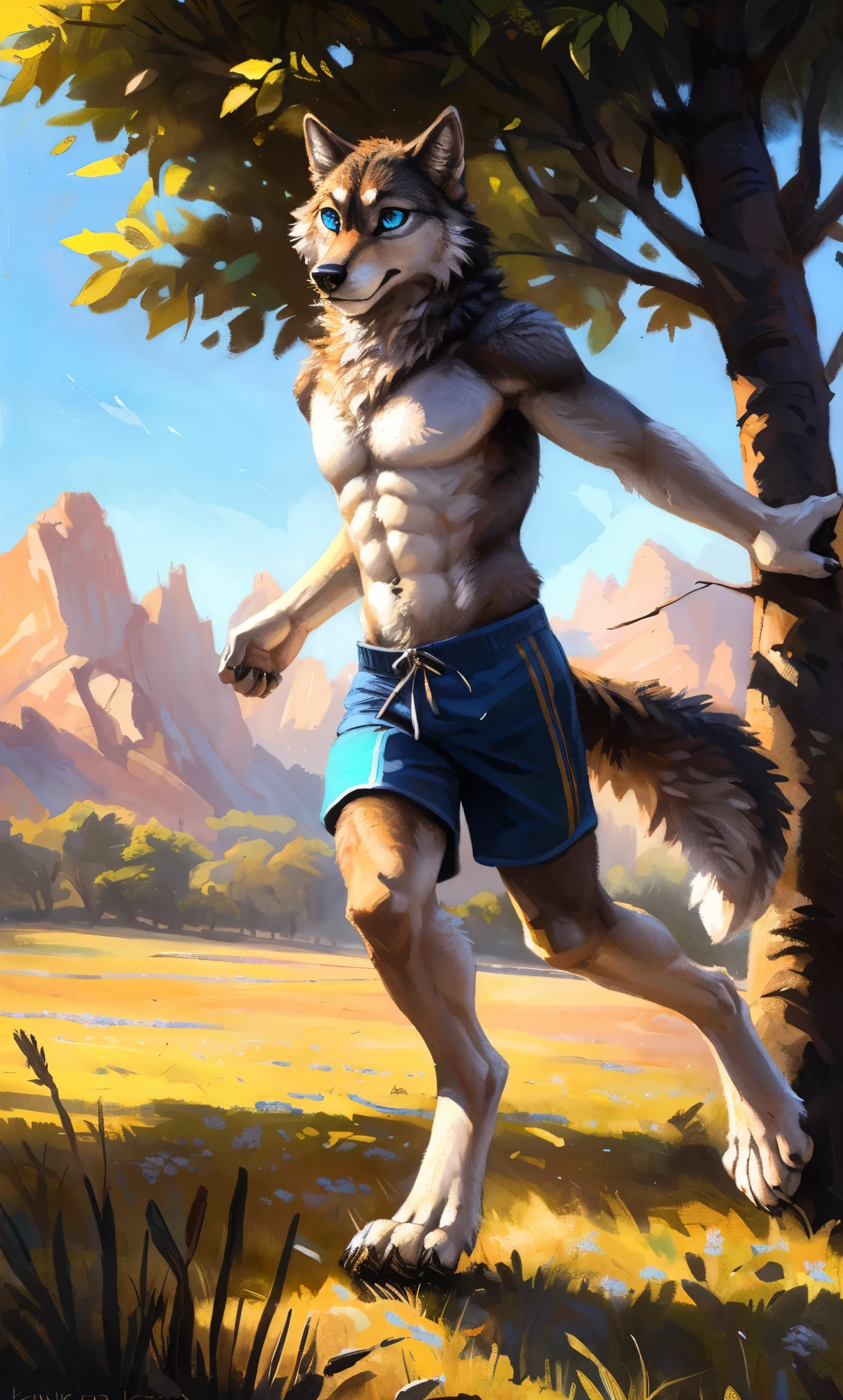 ((Solo)), male people, anthro wolf, (Multi-colored fur, White-brown:1.3,White tail pointed), (Height 2.1m,Tail length 1.2m), ((Wolf face, Big eyes, White eyelids, Blue pupil, Slim:1.2) (Tough, Calm expression:1.2)), Abs, Slim, pinging)), (Correct anatomy), (Work shorts:1.1), The upper body naked, (detailed outfits),A long big tail,Feet,(Realistic fur, Detailed fur texture, labeled:1.3)), (Natural lighting), Photorealistic, Hyperrealistic, ultradetailed, by Kenket,Field,erect through,Running on