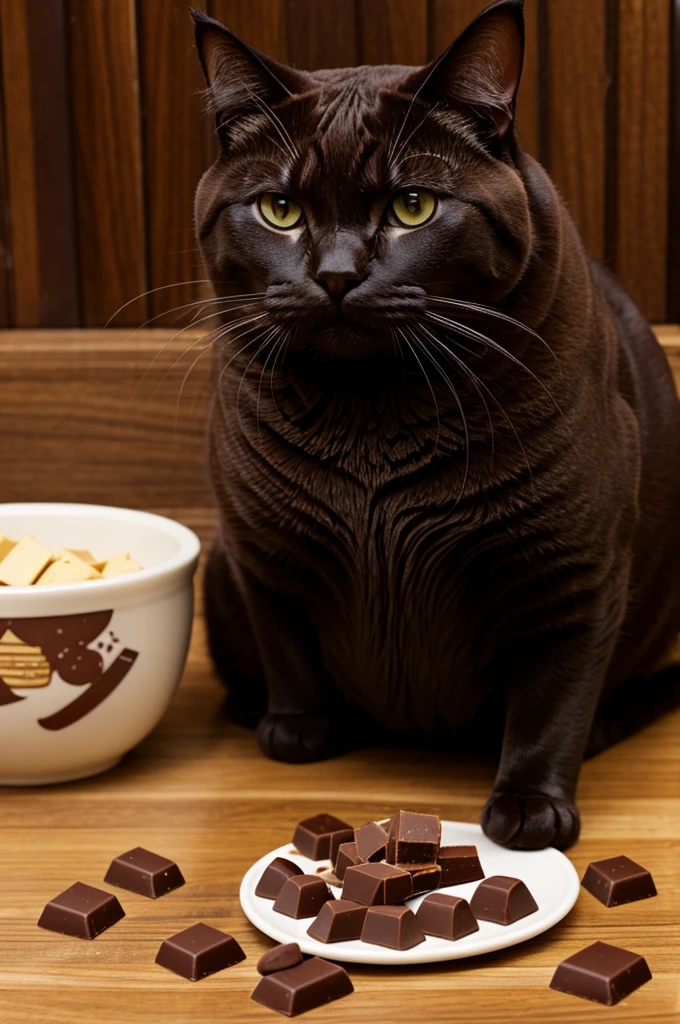 Fat cat eats chocolate like crazy.