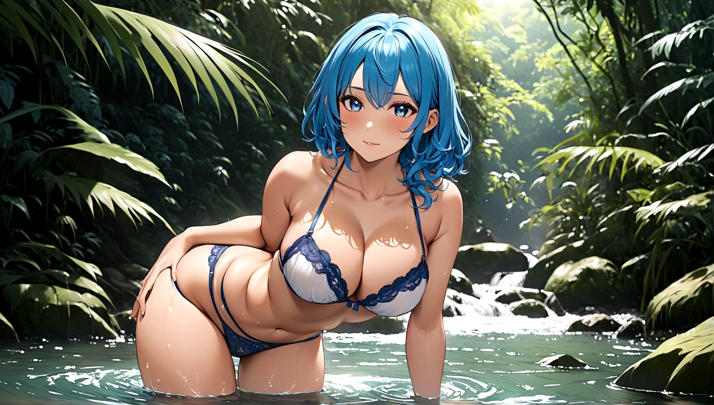 In the jungle、Playing in the river、One girl, Idol, close, clavicle, photograph, movie, Depth of written boundary, Skin Texture,Blue Hair, Big Breasts、Tiny underwear、whole body、