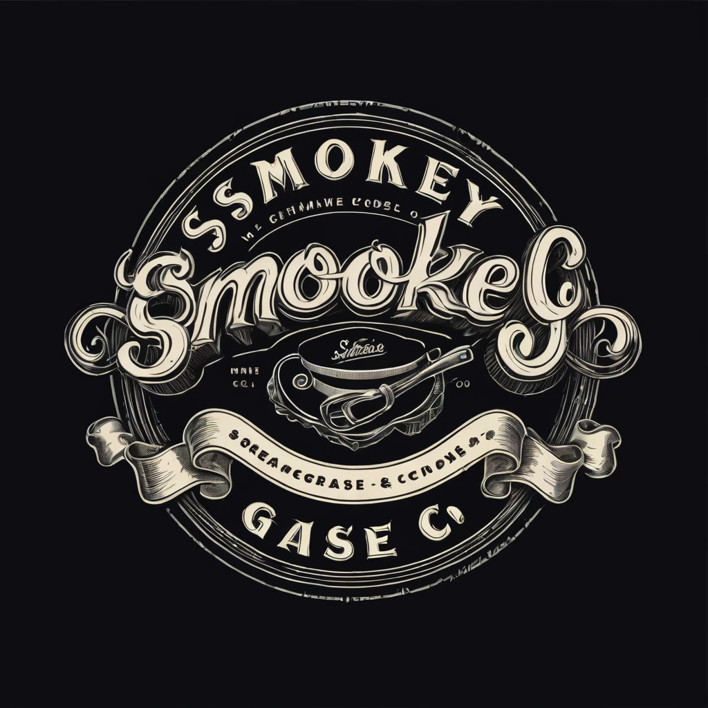 a vintage hand drawn type of logo. set against a solid black background, depicting the name "Smokey Grease & Co."