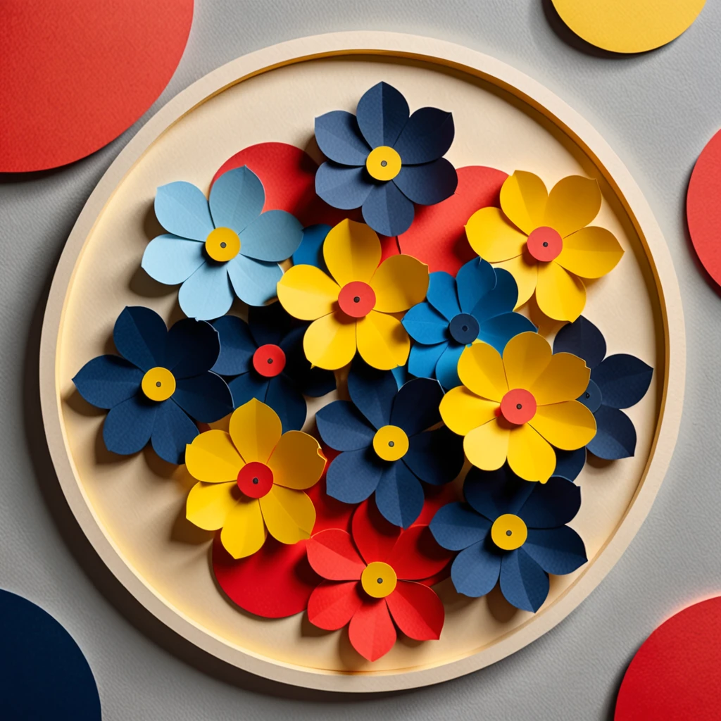 Flat paper-cut style,No fold,flower,Yellow red dark blue,Color blocking,((Round))