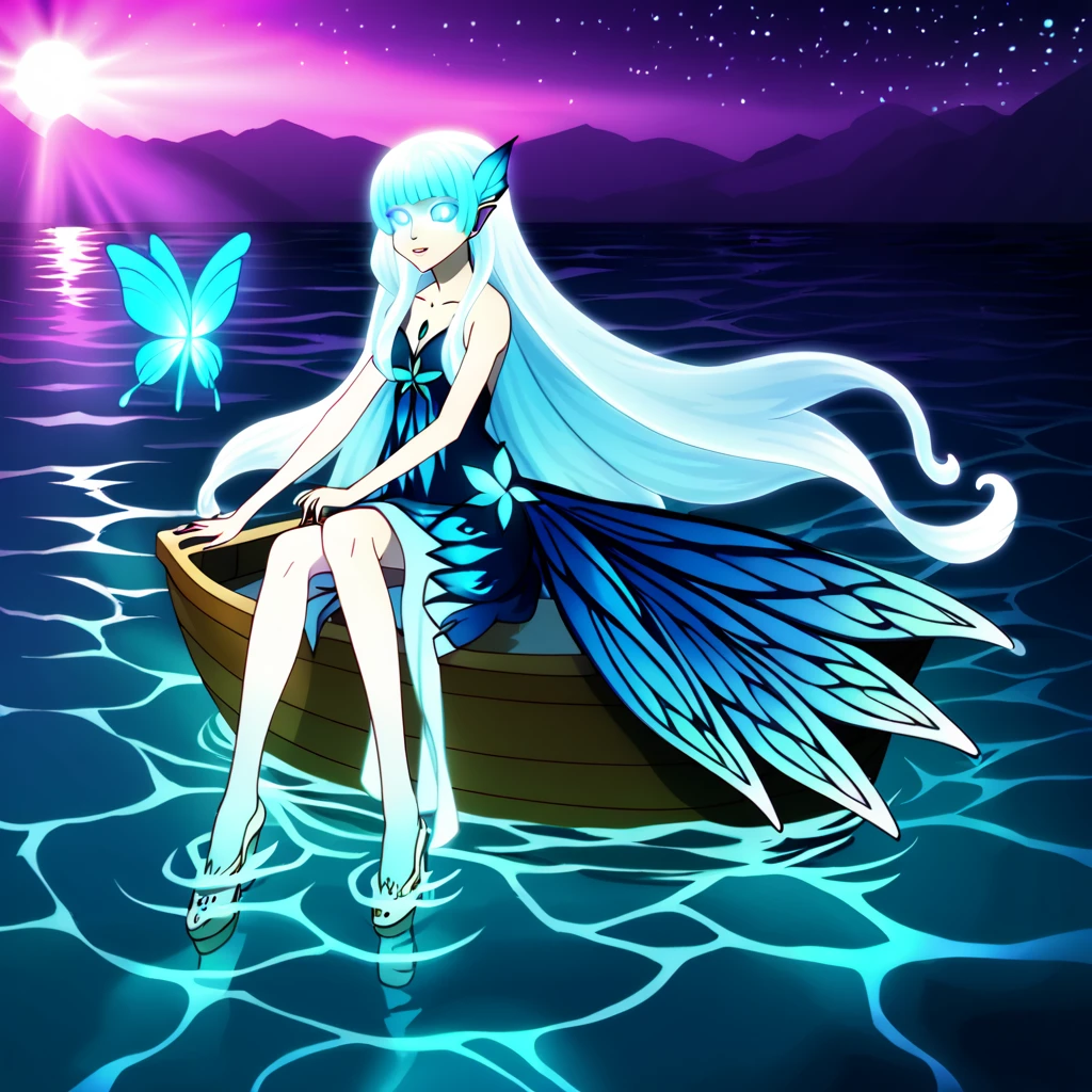 - girl sitting on a boat in the water, water crystal glowing eyes, sea butterflies, night raid, fairy light, very deep sea, glowing long hair, nightcore, very ethereal, stagirl dress, myaru
